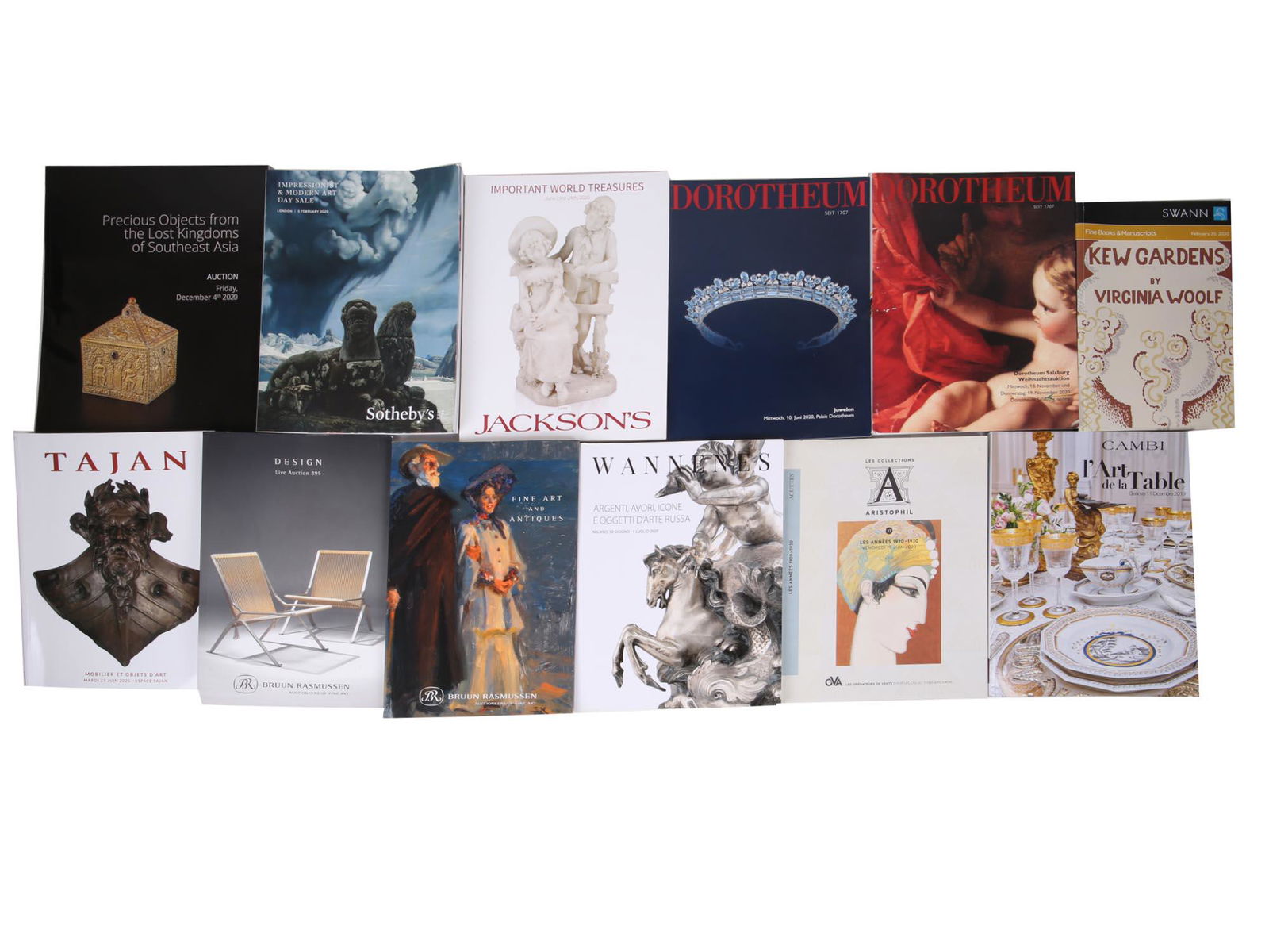 COLLECTION OF ART MAGAZINES AND AUCTION CATALOGS: A collection of art magazines and auction catalogs. The collection includes a Fine Books and manuscripts Sale 2530 by Swann 2020; Tajan 2013; Jacksons Import World Treasures 2020; a Sothebys London Im