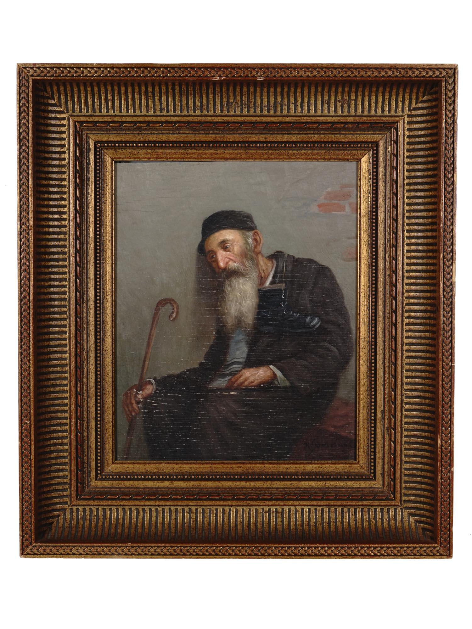 POLISH JUDAICA PAINTING BY KONSTANTIN SZEWCZENKO: Oil on canvas painting, a portrait of a seated old Jewish man with a stick. Signed K. Szewczenko in the lower right. Konstantin Szewczenko, 1910-1991, was a Polish artist who worked in illustration in