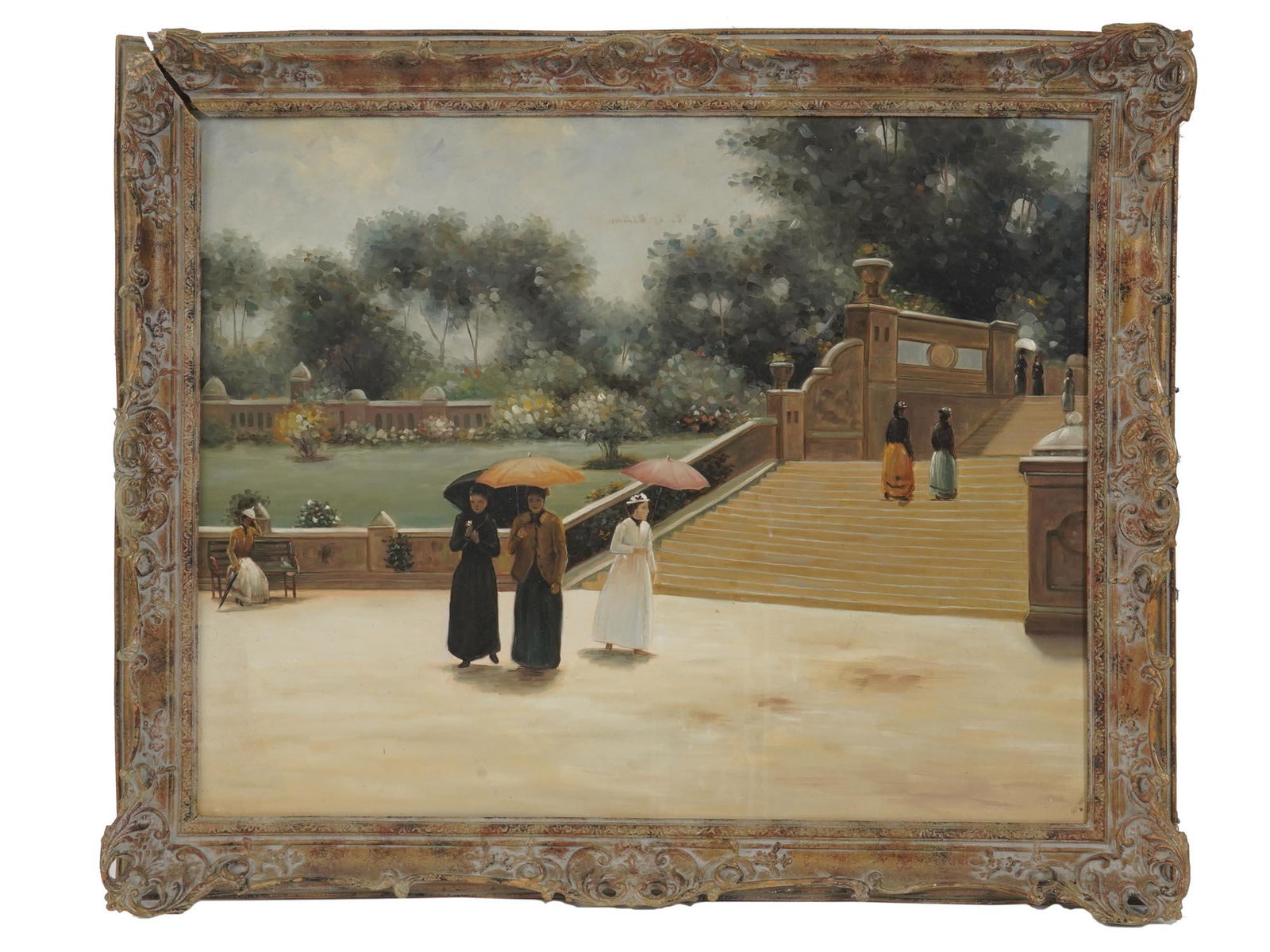 ANTIQUE VICTORIAN ERA GARDEN SCENE OIL PAINTING (1 of 6)