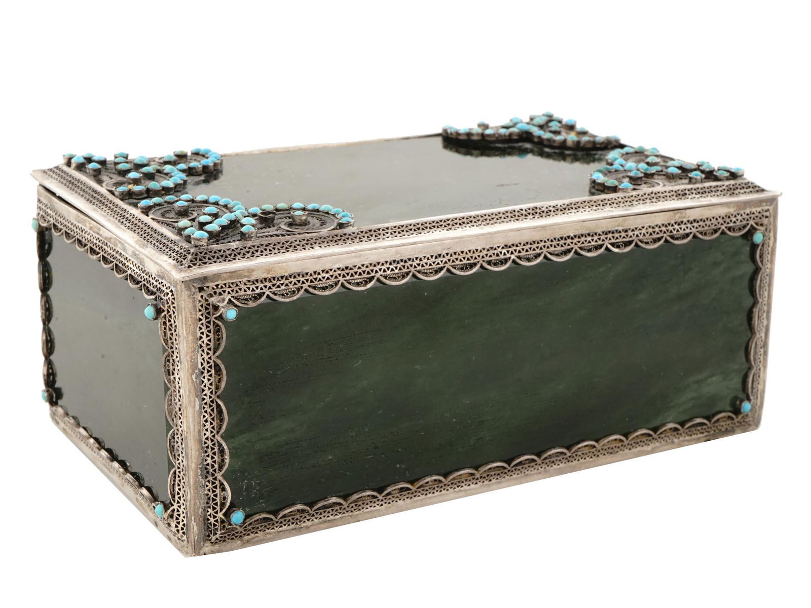 TURQUOISE STONES SILVER AND NEPHRITE TRINKET BOX (1 of 7)