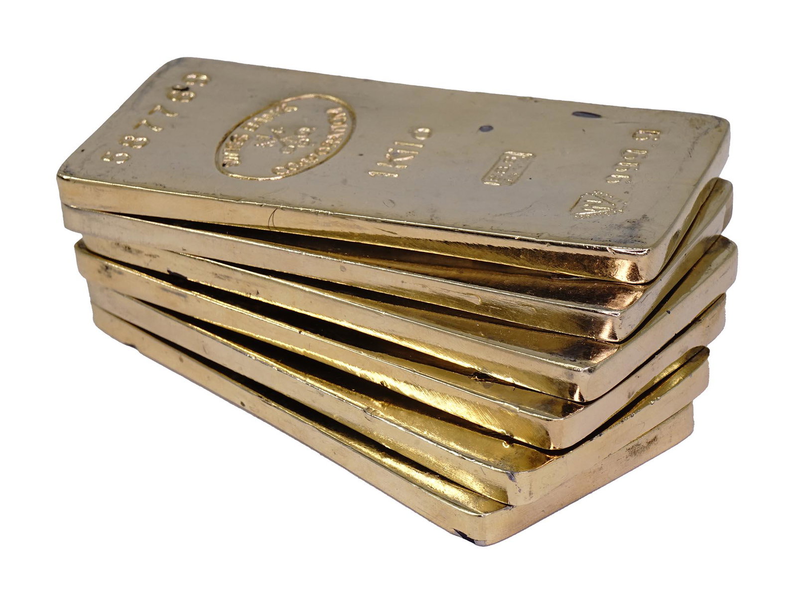 SIX VINTAGE 1 KILO GOLD PLATED LEAD PAPERWEIGHTS (1 of 11)