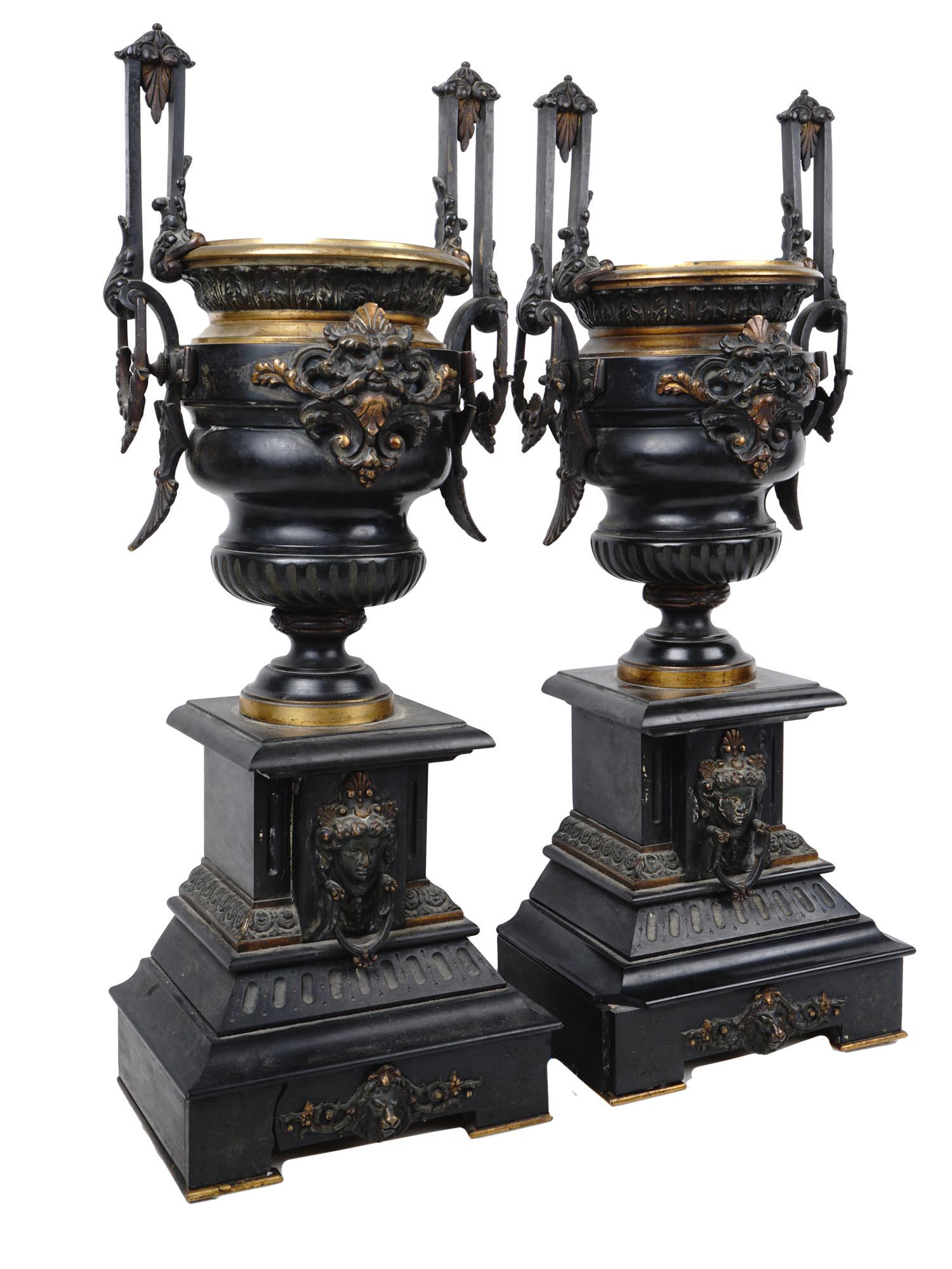 PAIR OF ANTIQUE BRONZE MANTEL VASES W MASCARONS (1 of 10)