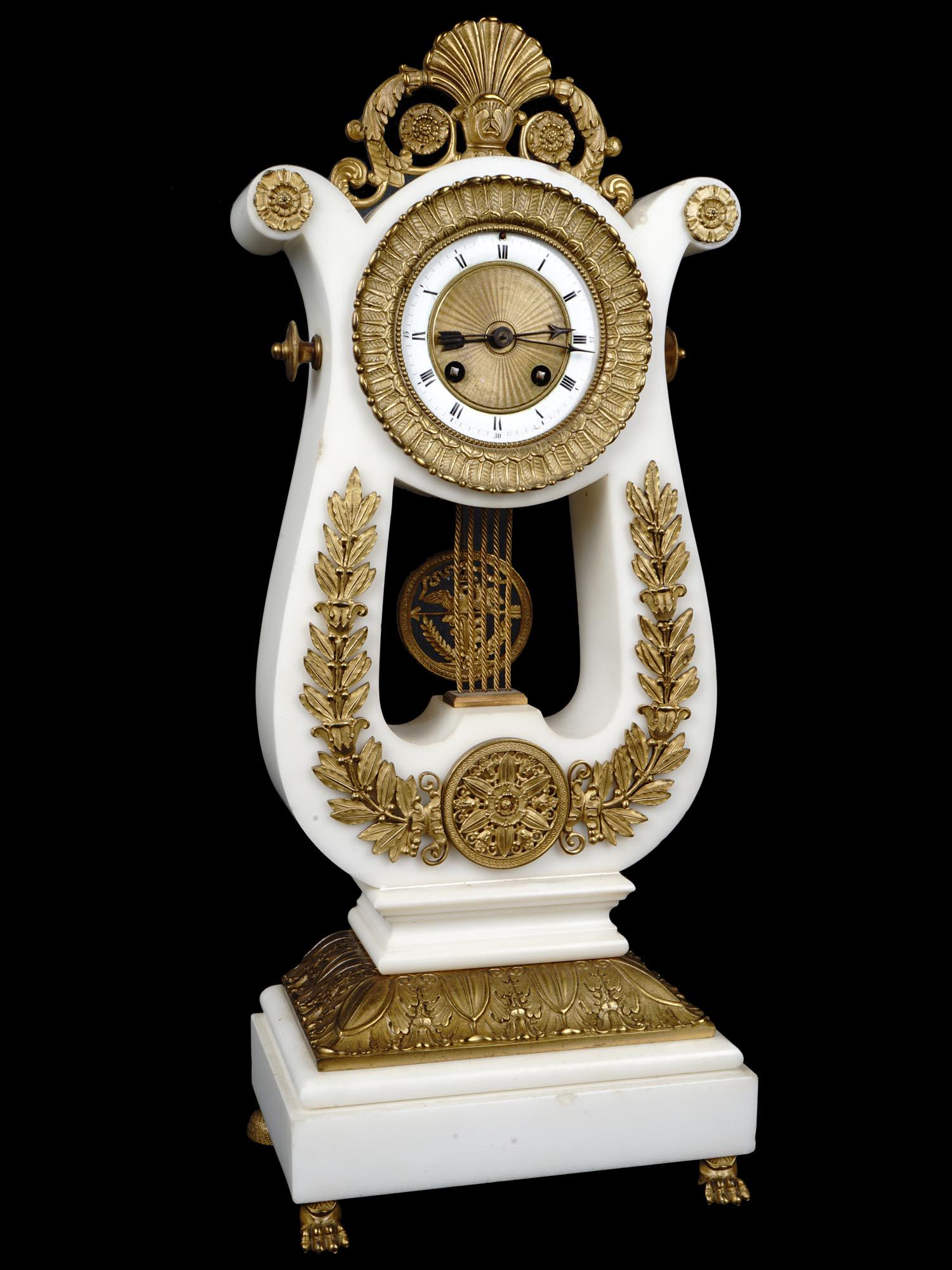 ANTIQUE FRENCH MARBLE & BRONZE LYRE MANTEL CLOCK (1 of 12)