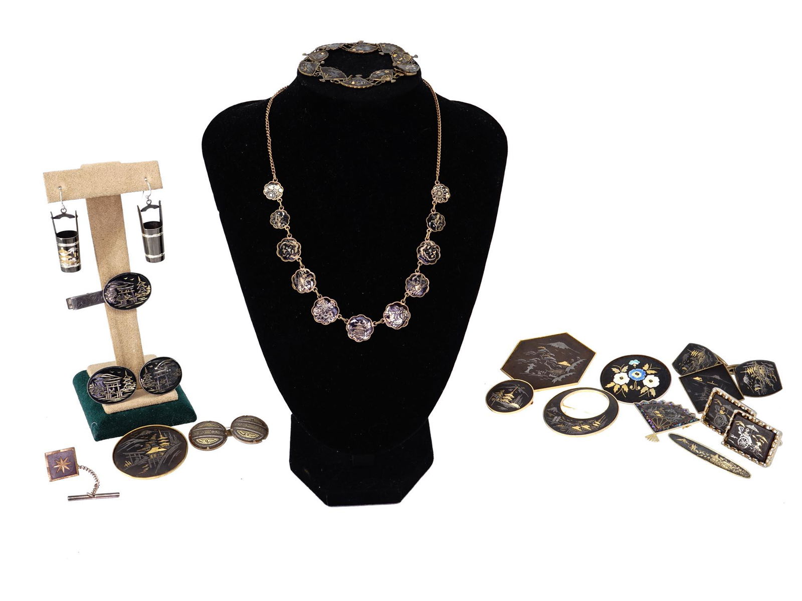 Group Of Japanese Shakudo Amita Damascene Jewelry