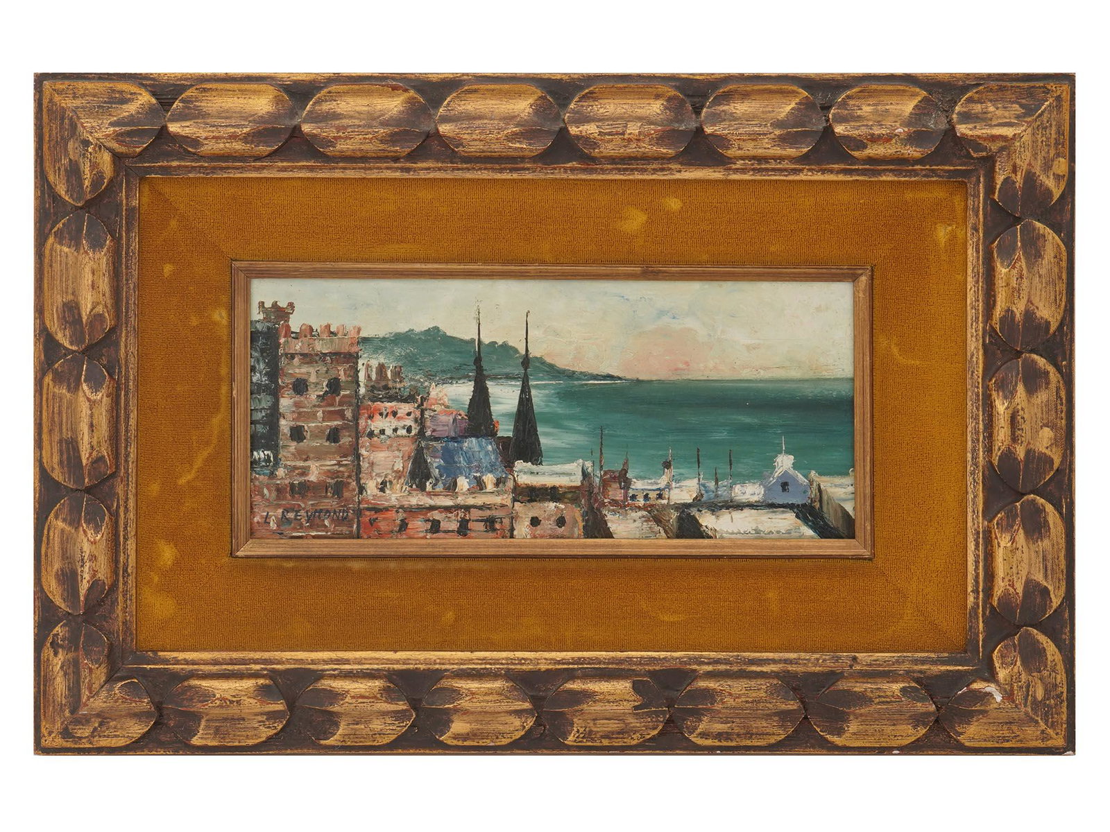 OIL PAINTING SEA SCAPE ATTRIBUTED TO LUCY REYMOND: Attributed to Lucy Du Bois Reymond, 1858 to 1915, oil painting on board depicting a city and sea scapes. Signed lower left. Framed. L. Reymond is known for Mediterranean cityscapes and seascapes. One 