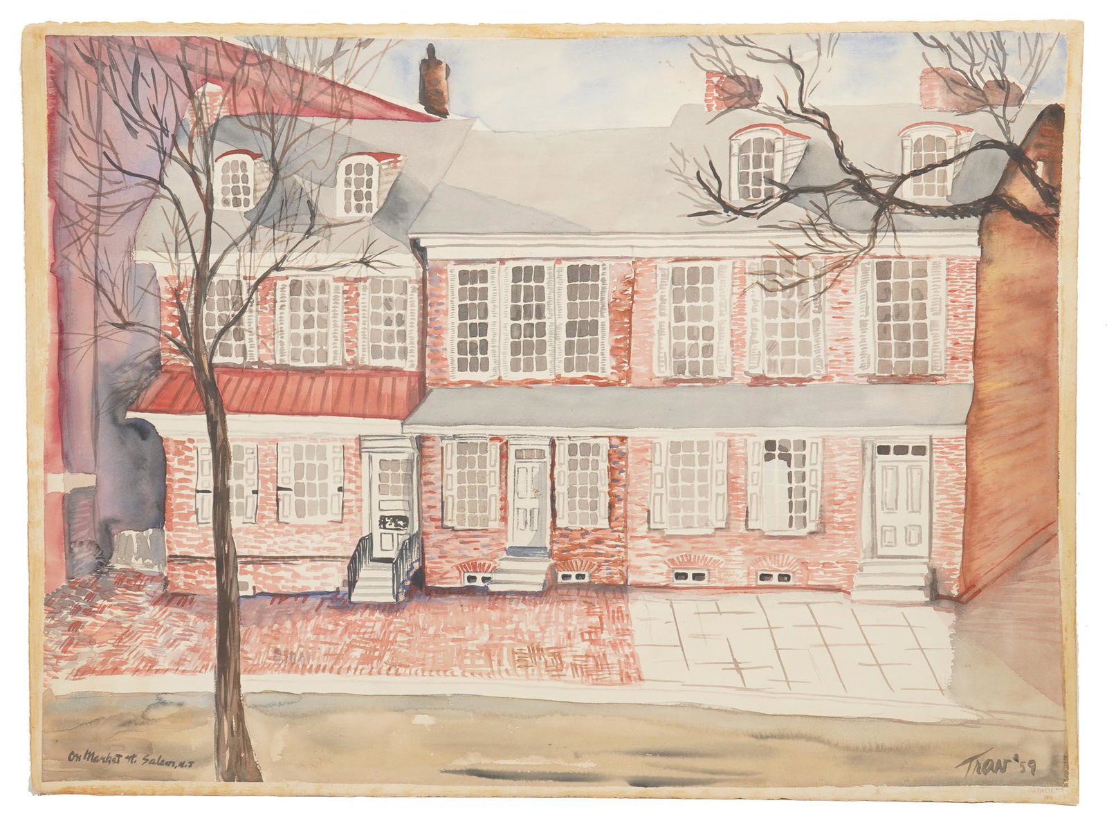 AMERICAN WATERCOLOR PAINTING BY TRAV NEIDLINGER: Trav Neidlinger, American, 1909 to 1990, On Market Street, Salem, New Jersey, 1959, watercolor painting depicting a view to an old building. Signed and dated lower right, titled lower left. Travis Nei