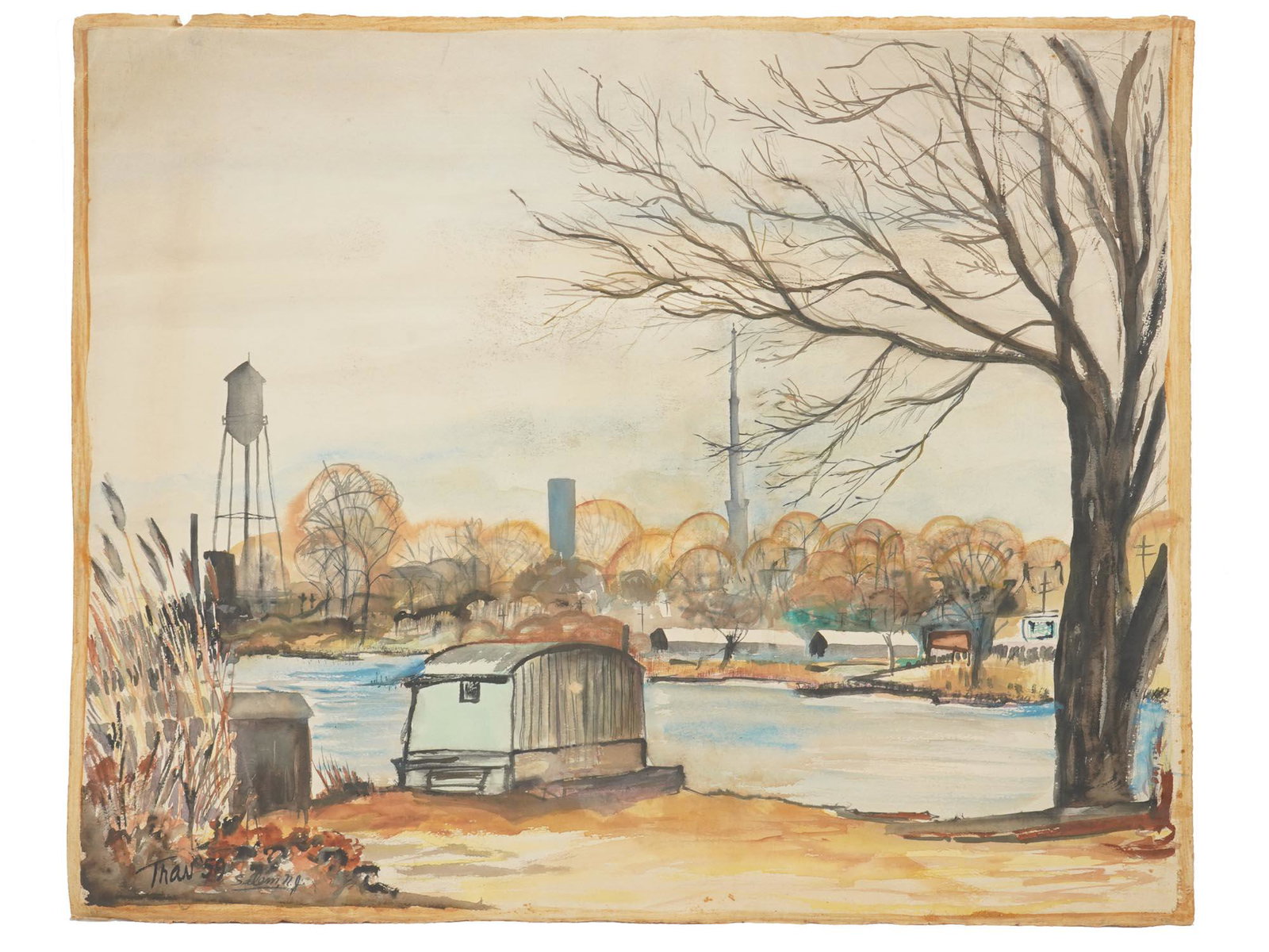 AMERICAN WATERCOLOR PAINTING BY TRAV NEIDLINGER: Trav Neidlinger, American, 1909 to 1990, watercolor painting depicting a view of Salem, a city in.New Jersey. Signed and dated 1959 lower left. Travis Neidlinger was an artist, historian, lecturer, an