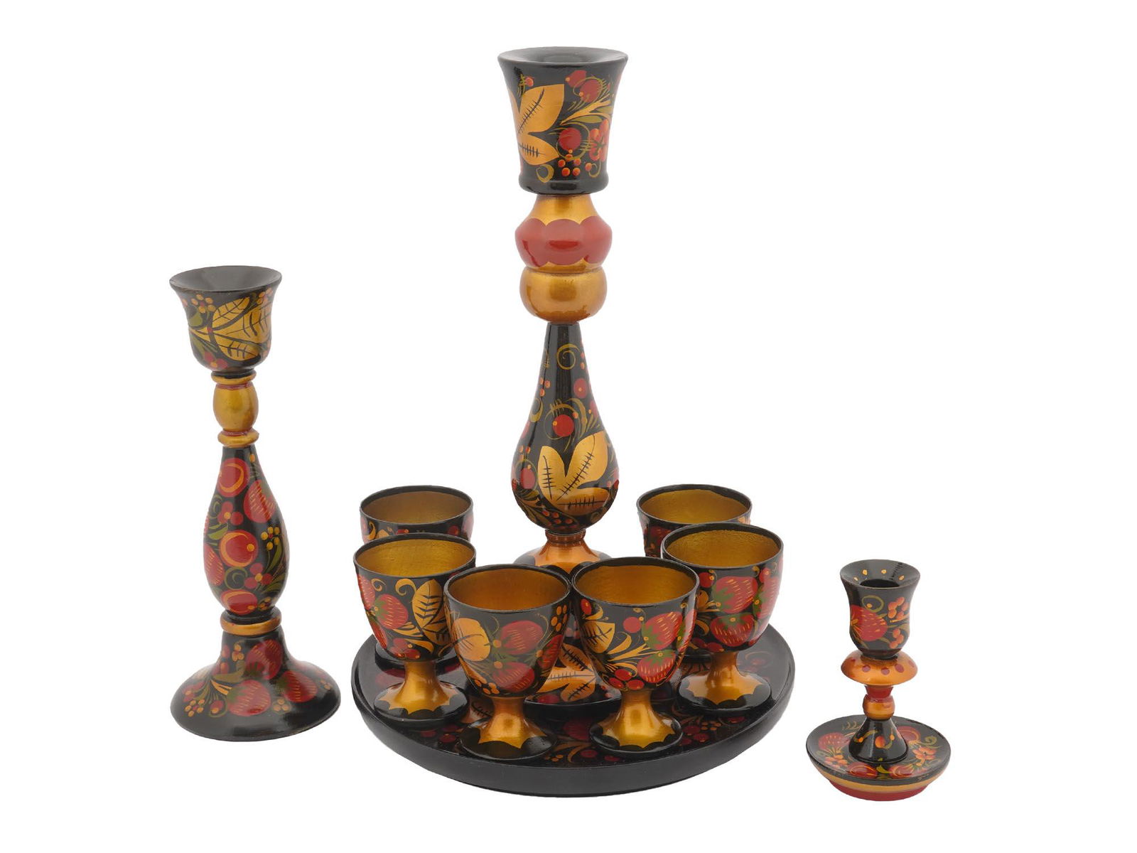 RUSSIAN KHOKHLOMA BAR SET & CANDLESTICKS, 10 PCS (1 of 10)