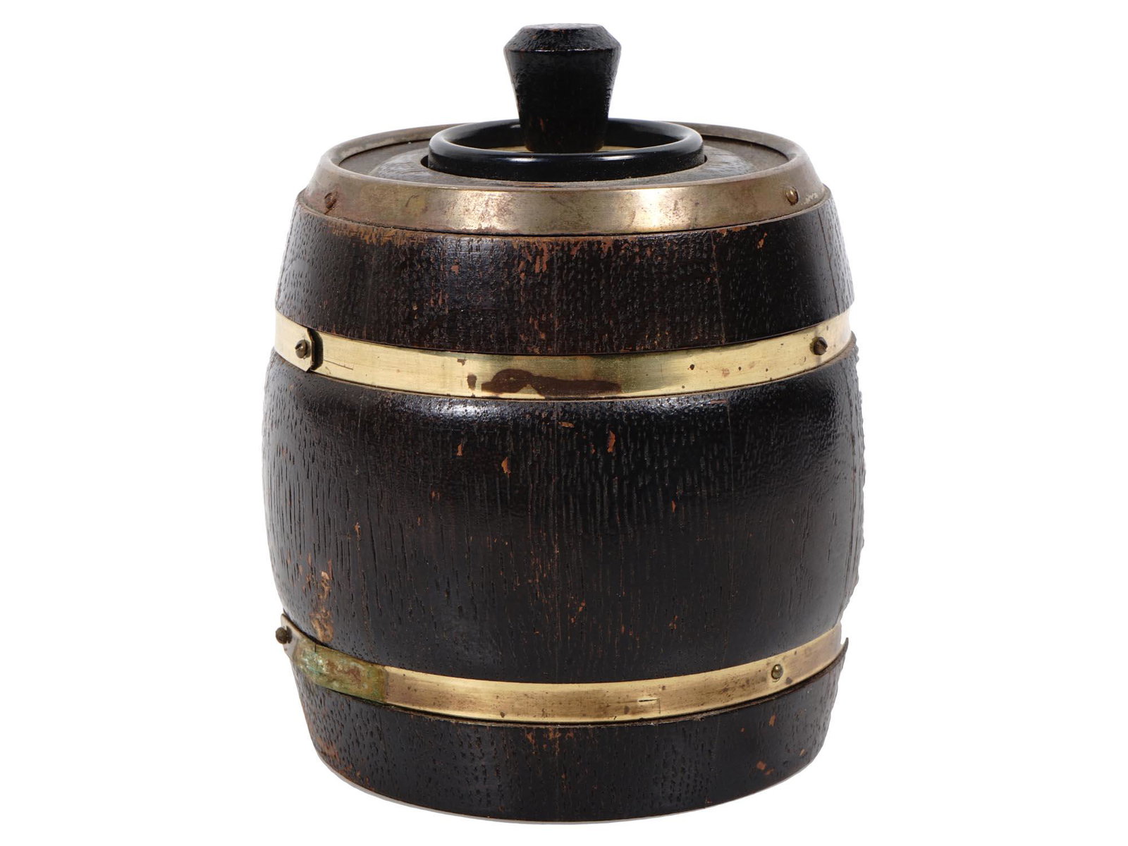 VINTAGE DORSET LIGHT FLINTLESS BARREL LIGHTER: A vintage rare flintless wood and brass barrel lighter. Made in England by Dorset Light Industries. Circa the 1950s. When you pull the metal match from the base, the wand attached creates an electric 