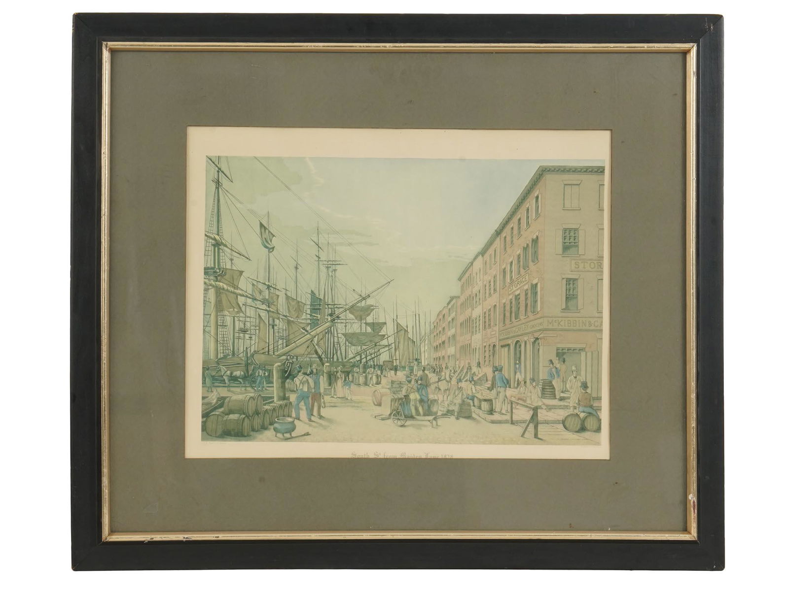 AMERICAN NEW YORK PRINT AFTER WILLIAM BENNETT: A color painted aquatint engraving print after the watercolor painting by William James Bennett. Titled and dated South St. from Maiden Lane, 1828 lower center. Printed by Sidney Z. Lucas, New York, c