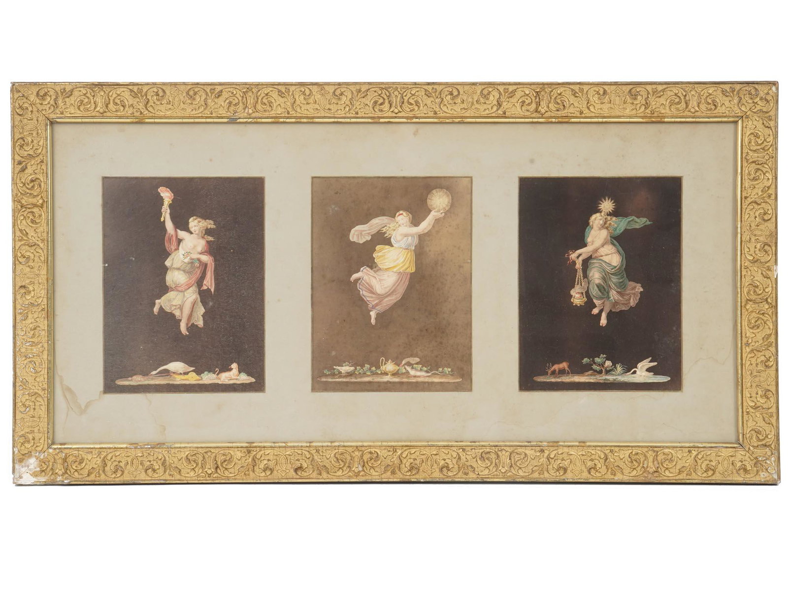NEOCLASSICAL ART PRINTS ALLEGORIES AFTER RAPHAEL: A single series of three color prints after the series of engravings made by French artists at the turn of the 18th and 19th centuries. The series titled Hours of Day and Night was a collective work, 