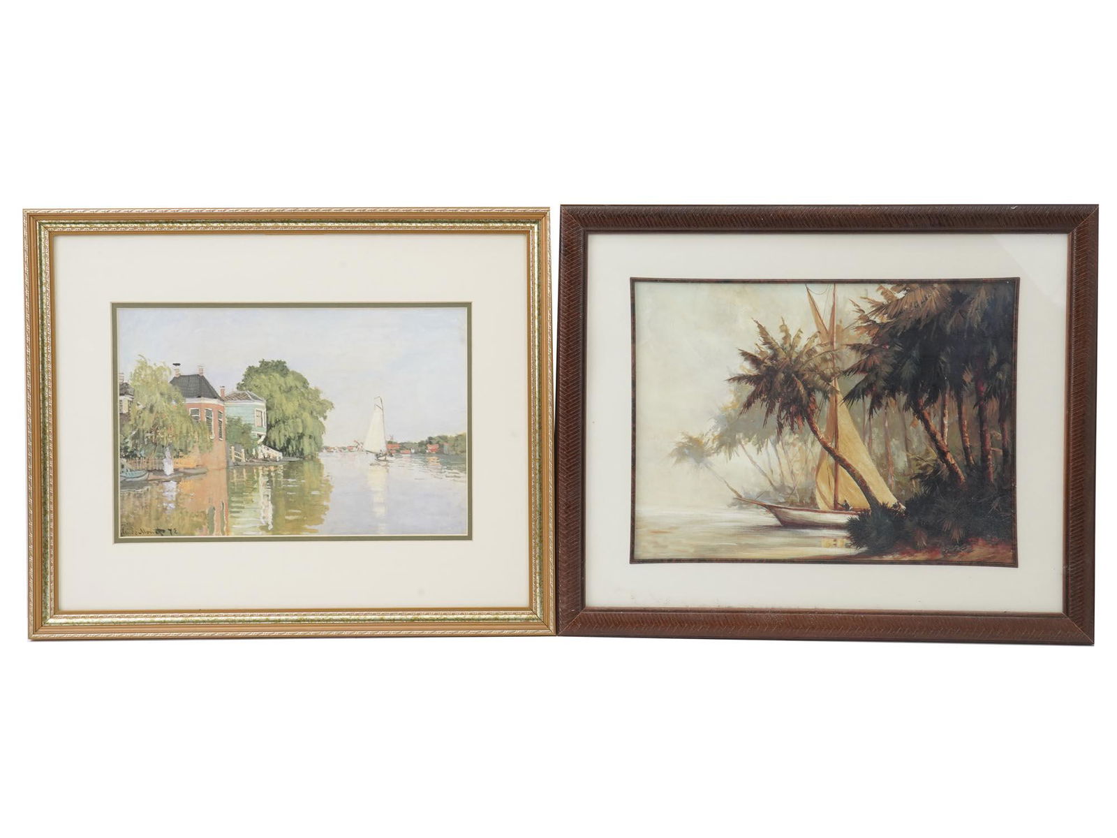 TWO VINTAGE WALL DECOR ART PRINTS MONET, MALARZ: The lot includes a color offset print depicting riverside garden houses on the west shore of the Achterzaan river in Zaandam, the Netherlands, after the Claude Monet painting Houses on the Achterzaan,