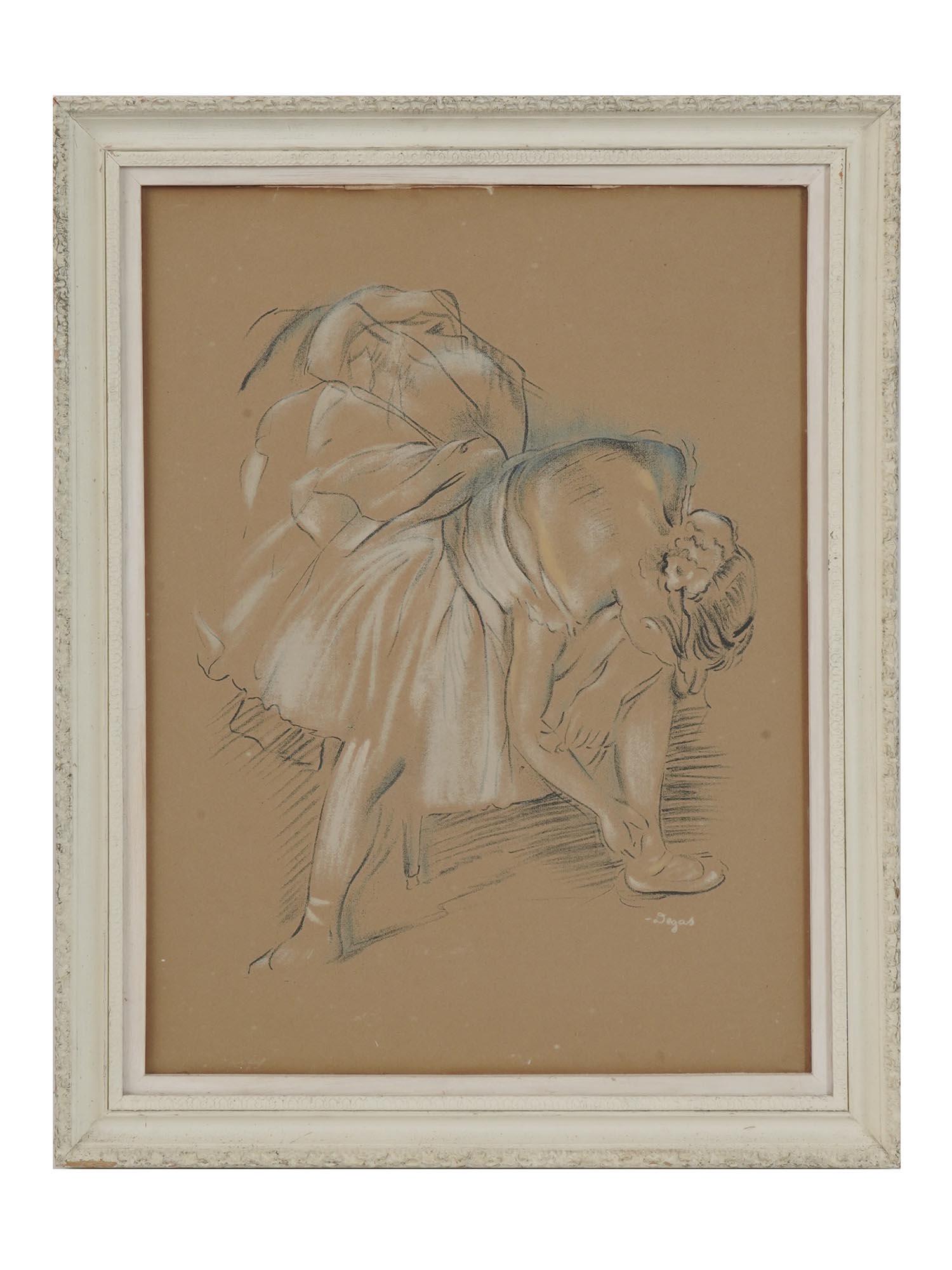 FEMALE DANCER LITHOGRAPH AFTER EDGAR DEGAS: After Edgar Degas, French, 1834 to 1917, offset lithograph on Japanese paper depicting a female dancer. Signed lower right. Circa the 1950s. Framed. Edgar Degas was an Impressionist artist famous for 