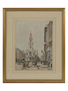 ANTIQUE LITHO THE STRAND BY THOMAS SHOTTER BOYS: Thomas Shotter Boys, British, 1803 to 1874, hand colored lithograph titled The Strand, 1842. Printed by Charles Joseph Hullmandel, British, 1789 to 1850. Matted and framed. Thomas Shotter Boys was an