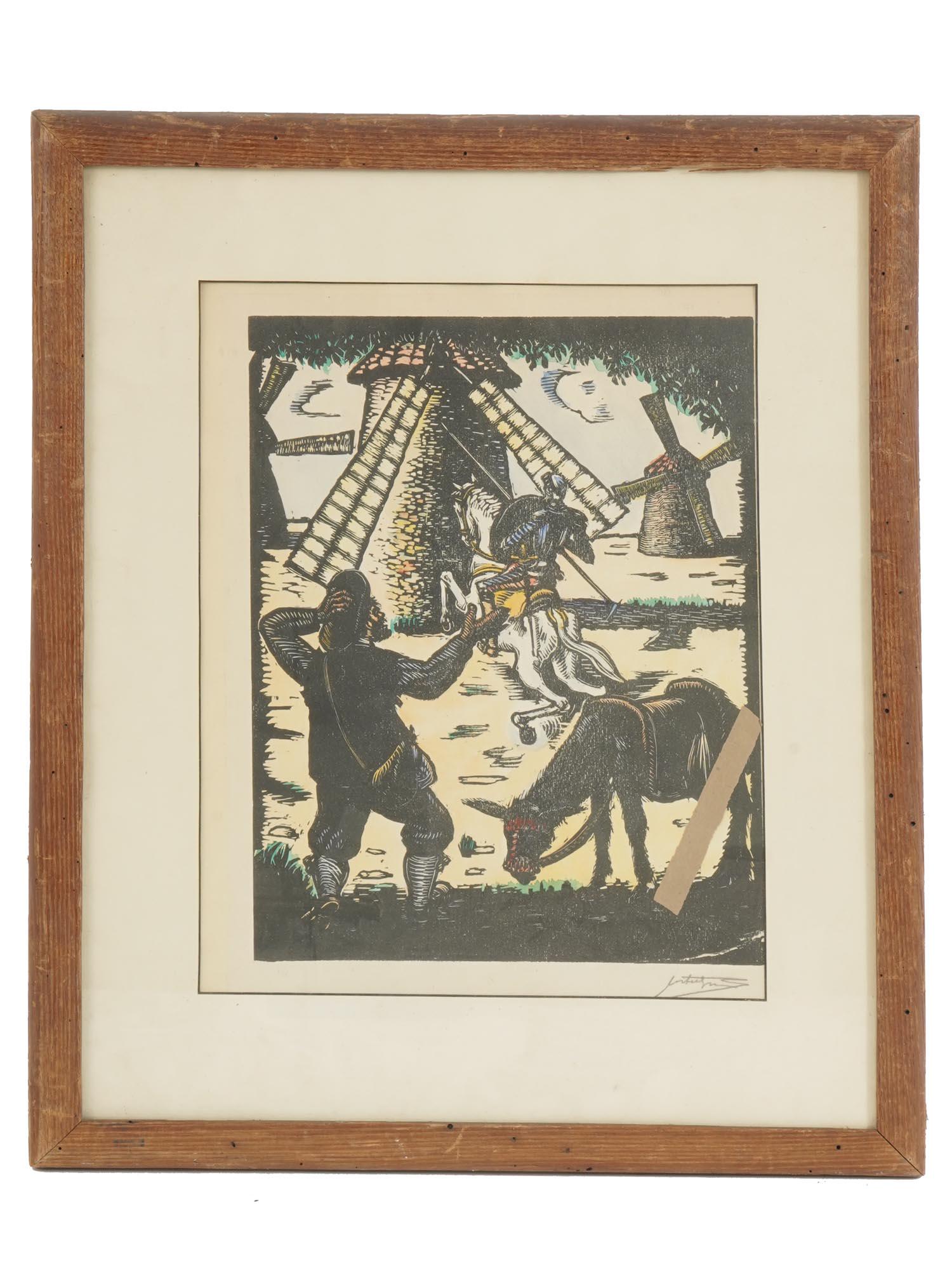 ILLUSTRATION WOOD BLOCK BY JUAN CASTELLS MARTI: Juan Castells Marti, Uruguayan, born 1905, woodblock print on paper color woodblock print on paper, Don Quixote and the Windmills, illustration from the series Don Quixote. Signed in pencil lower righ