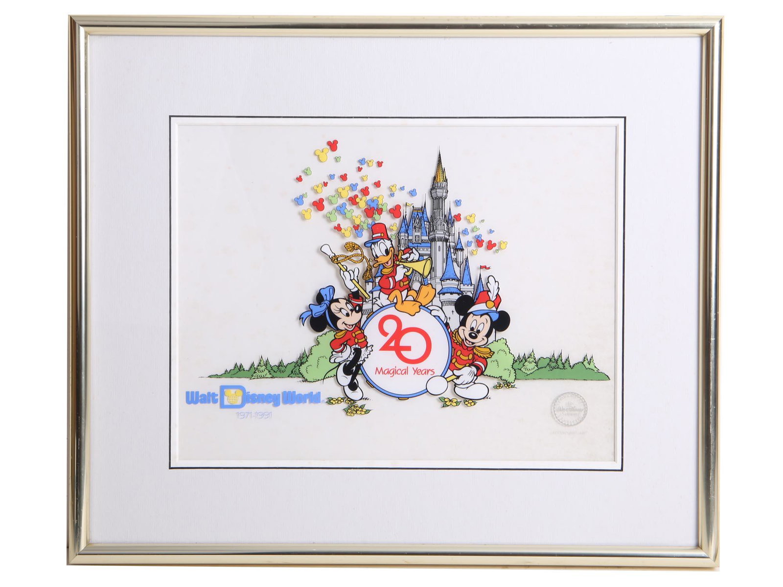 A VINTAGE WALT DISNEY WORLD 20TH ANNIVERSARY CEL: A vintage 20 magical years of Walt Disney World Limited Edition, hand-inked and hand-painted serigraph cel featuring Mickey Mouse, Minnie Mouse and Donald Duck. With a certificate stamp lower left in 
