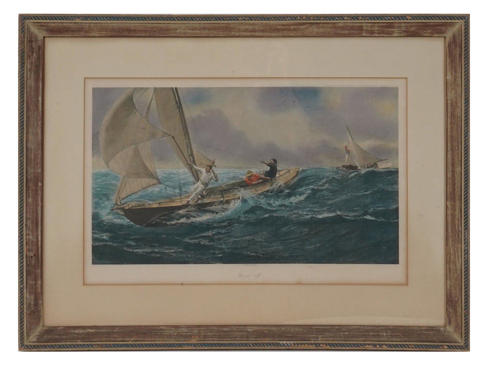 BRITISH SEASCAPE ENGRAVING BY CHARLES NAPIER HEMY: Charles Napier Hemy, English, French, 1841 to 1917, color engraving on paper, Haul Aft, depicting a seascape scene with young fishermen. Titled and inscribed in the plate lower to the center. Circa: t