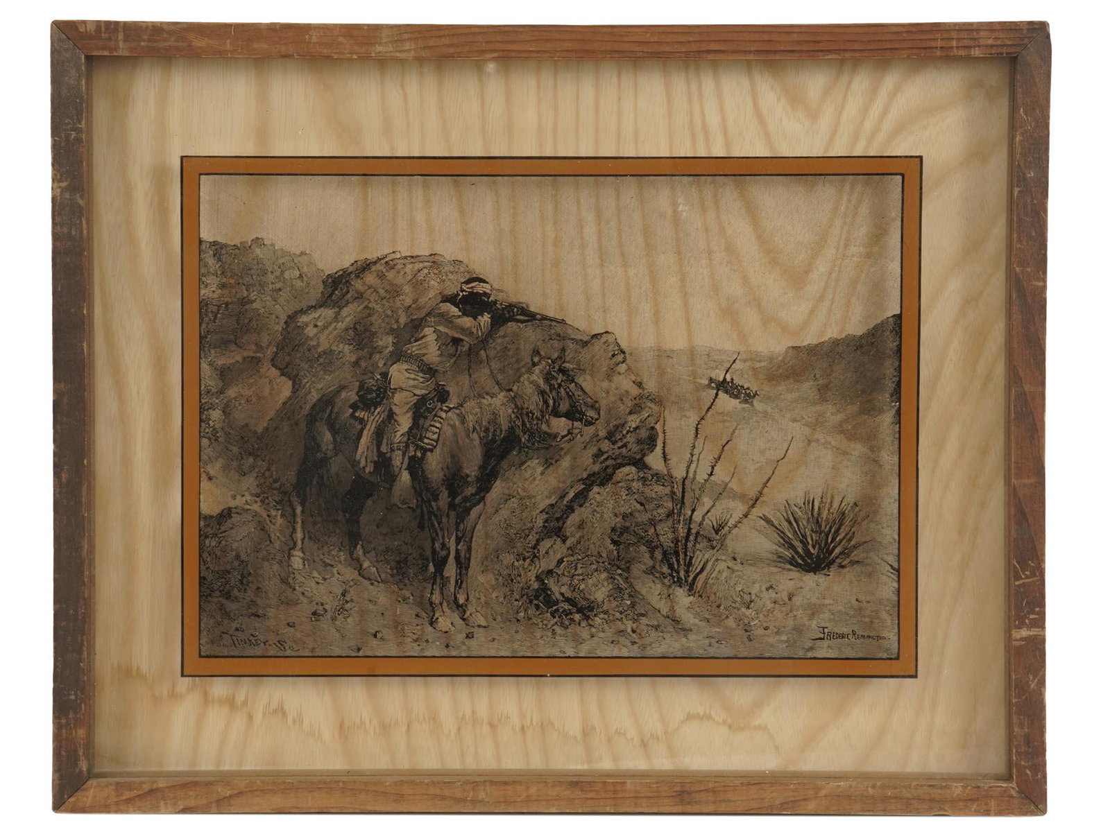 ENGRAVING APACHE INDIAN AFTER FREDERIC REMINGTON: After Frederic Remington, engraving on glass titled An Apache Indian, circa the mid late 1970s. Signed lower right. Framed. Originally published in Harpers Magazine, May, 1891. Frederic Sackrider Remi
