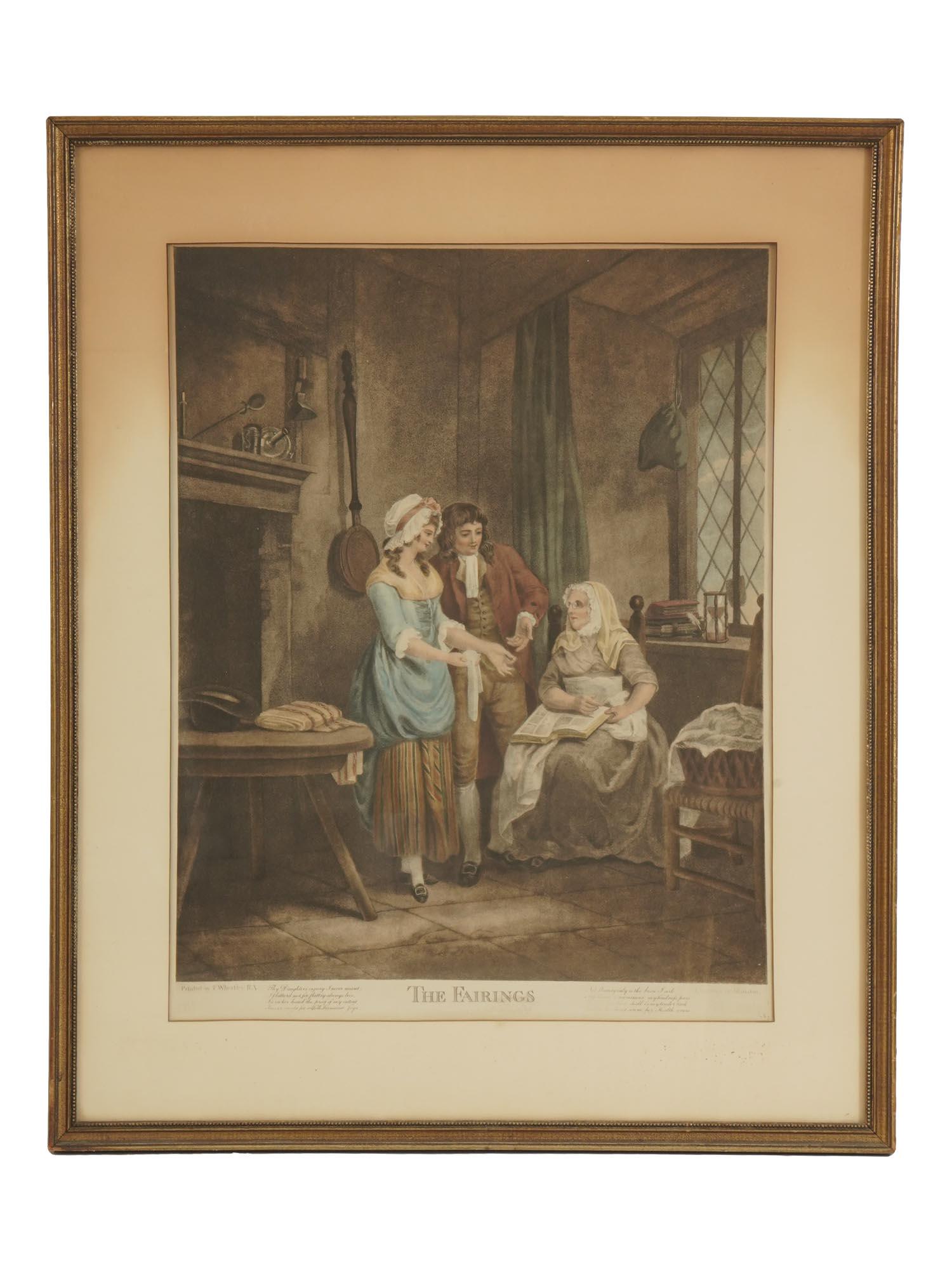 ANTIQUE COLORED ENGRAVING AFTER FRANCIS WHEATLEY: An antique colored engraving on paper, The Fairings, after the original oil painting on canvas by Francis Wheatley, English, 1747 to 1801. Engraved by J. Eginton. Titled and inscribed in the plate low