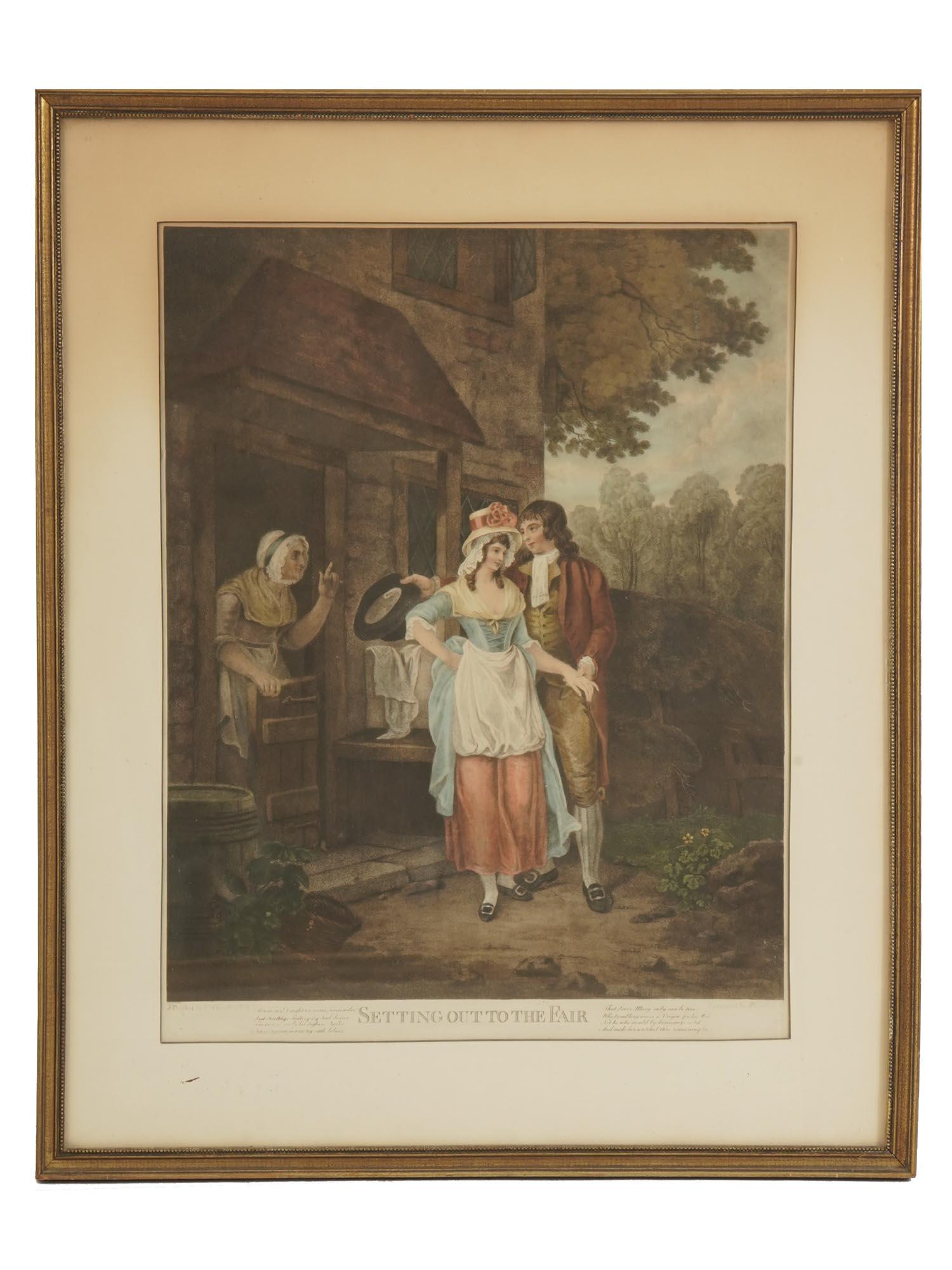 ANTIQUE COLORED ENGRAVING AFTER FRANCIS WHEATLEY: An antique colored engraving on paper, Setting Out to the Fair, after the original oil painting on canvas by Francis Wheatley, English, 1747 to 1801. Engraved by J. Eginton. Titled and inscribed in th