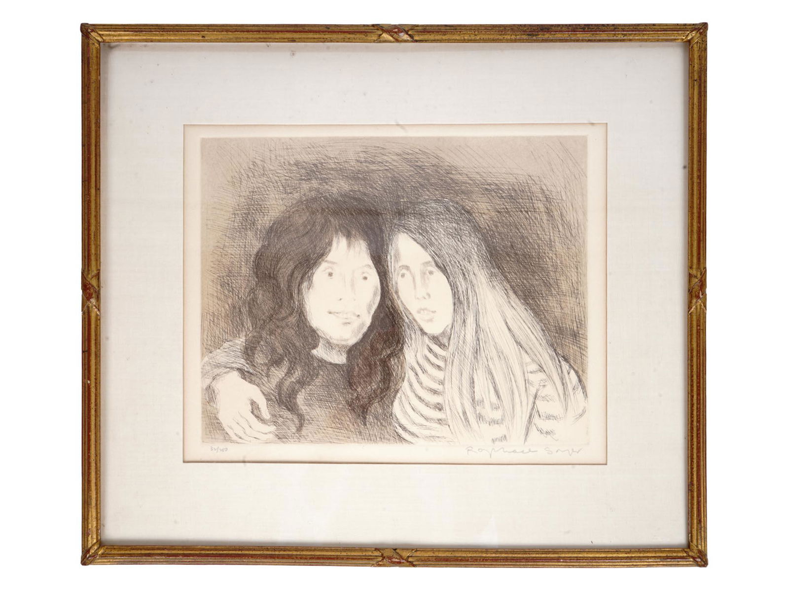 VINTAGE SEPIA ETCHING HAND SIGNED BY RAPHAEL SOYER: Sepia etching with aquating depicting a young couple. Titled Friends and dated July 1973 on the backside. Signed by the artist, Raphael Soyer, in the lower right and on the backside. Signed by the pri