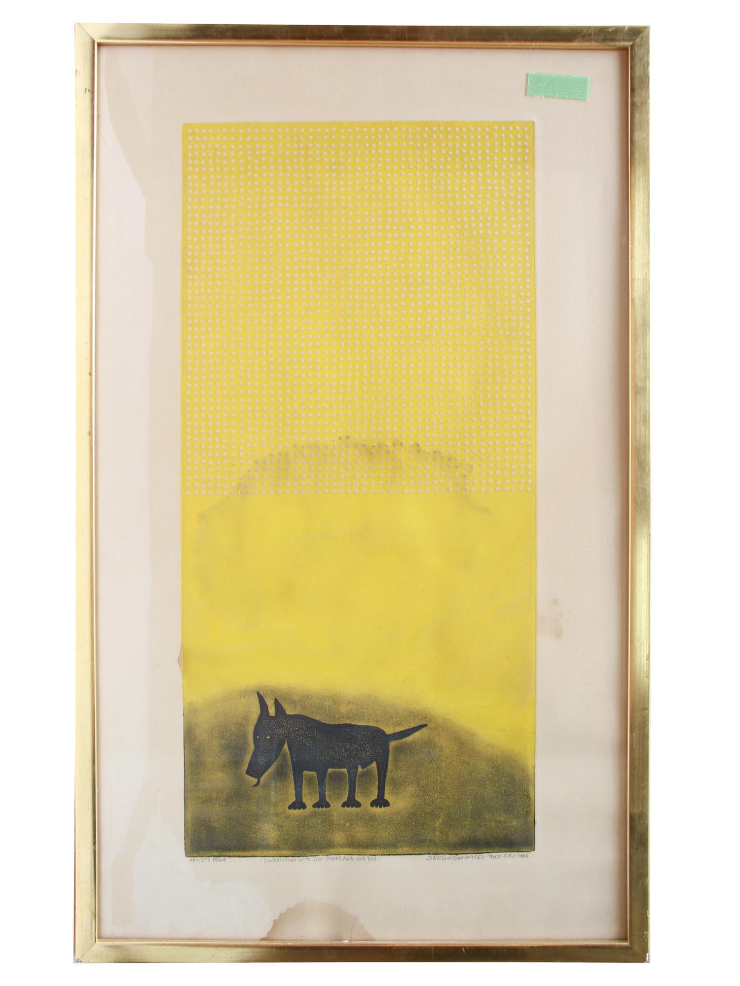 A SERGIO GONZALEZ TORNERO ETCHING OF A DOG: An original limited-edition etching: Composition with 2160 Stars and One Dog by Sergio Gonzalez Tornero, (Chilean, b. 1927), with an artist's proof. Inscribed in pencil on the lower margin. Framed. Di
