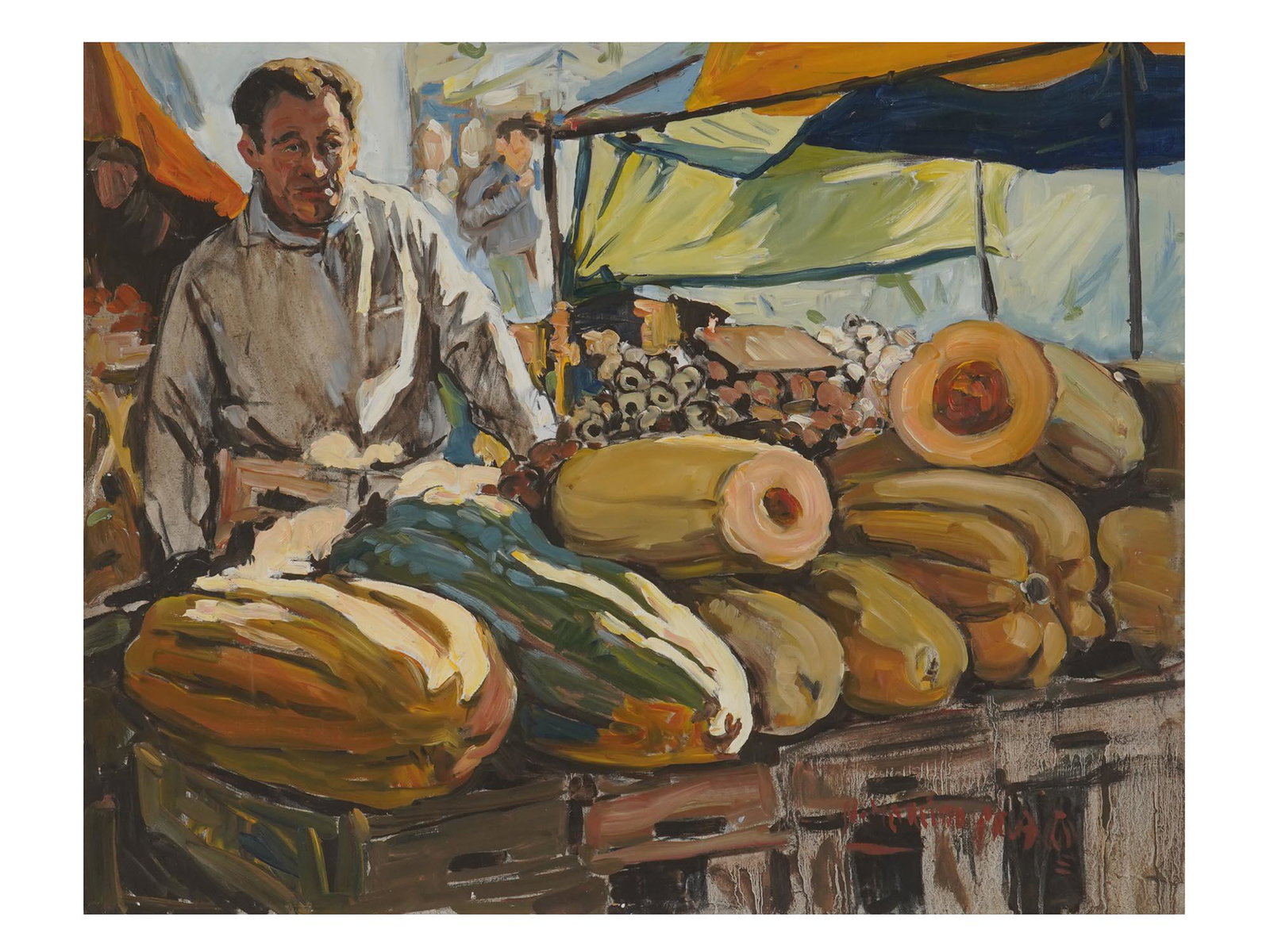 MODERN URUGUAYAN PAINTING BY WILLIAM MOREIRA CRUZ: William Moreira Cruz, born 1962, oil on board painting depicting a man selling melons, titled Feira to the back. Signed by the artist lower right. William Moreira Cruz is an Uruguayan artist. Since 19