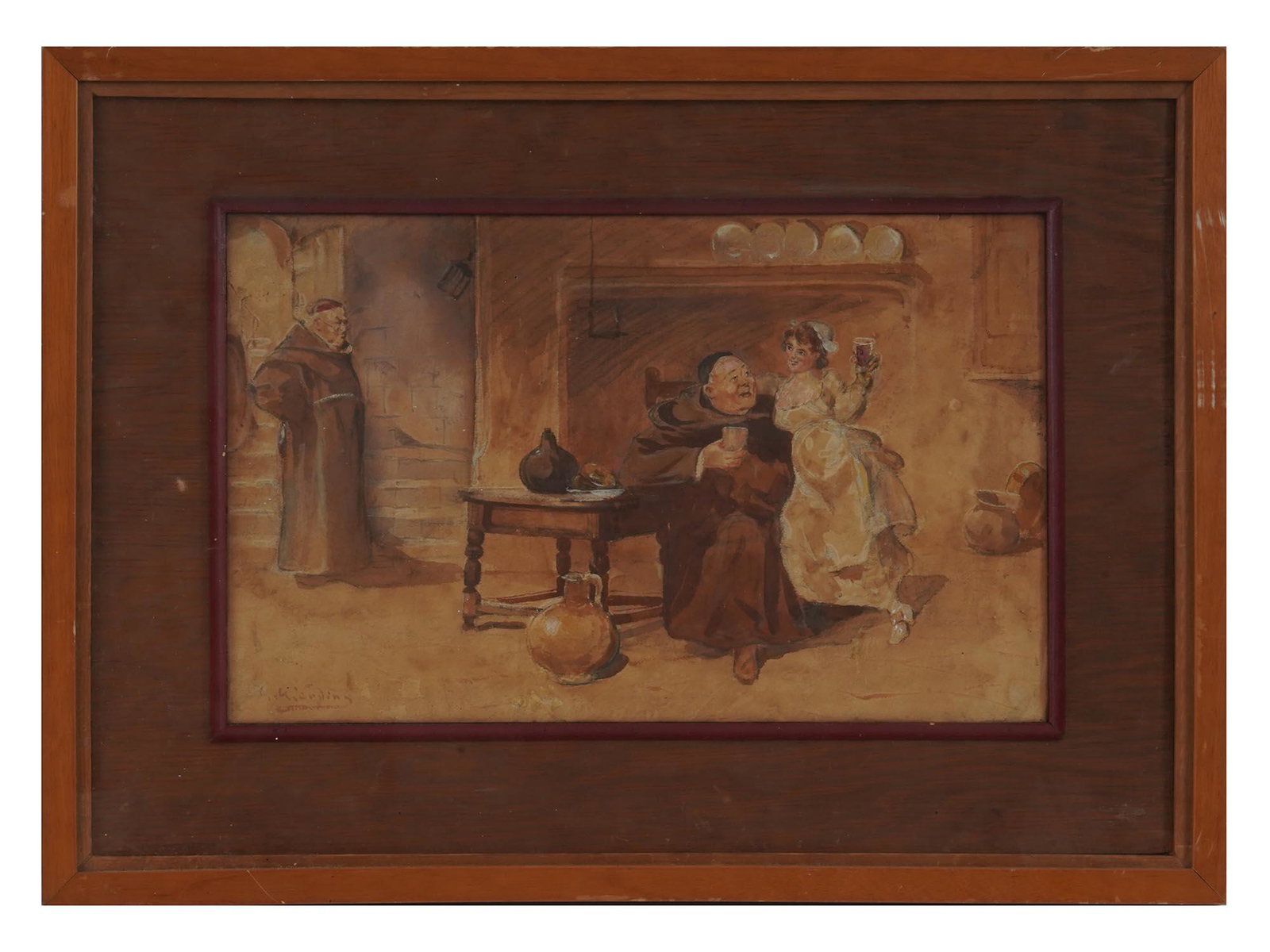 GERMAN BAVARIAN SCENE WATERCOLOR PAINTING SIGNED: A vintage German watercolor painting on paper depicting a Bavarian interior scne. Illegibly signed by the artist lower left. Framed. Circa: late 19th century to the first half of 20th century. One of 
