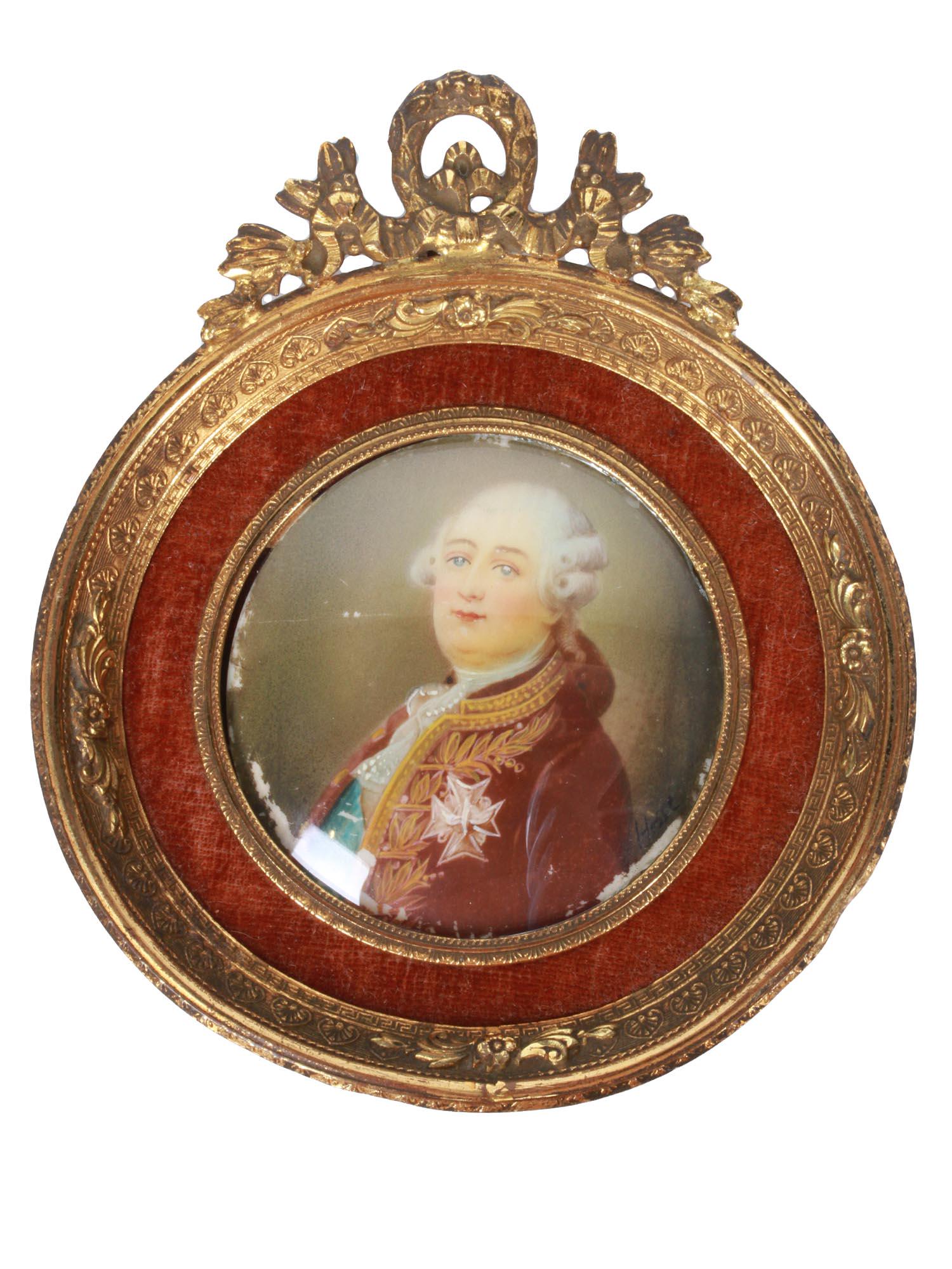 MINIATURE PORTRAIT PAINTING BY HENRI JOSEPH HESSE: Henri Joseph Hesse, 1781 to 1849, miniature painting on bone depicting a portrait of a nobleman with the French Order of the Holy Spirit on his chest. Signed lower right. In the circle gilt frame surm
