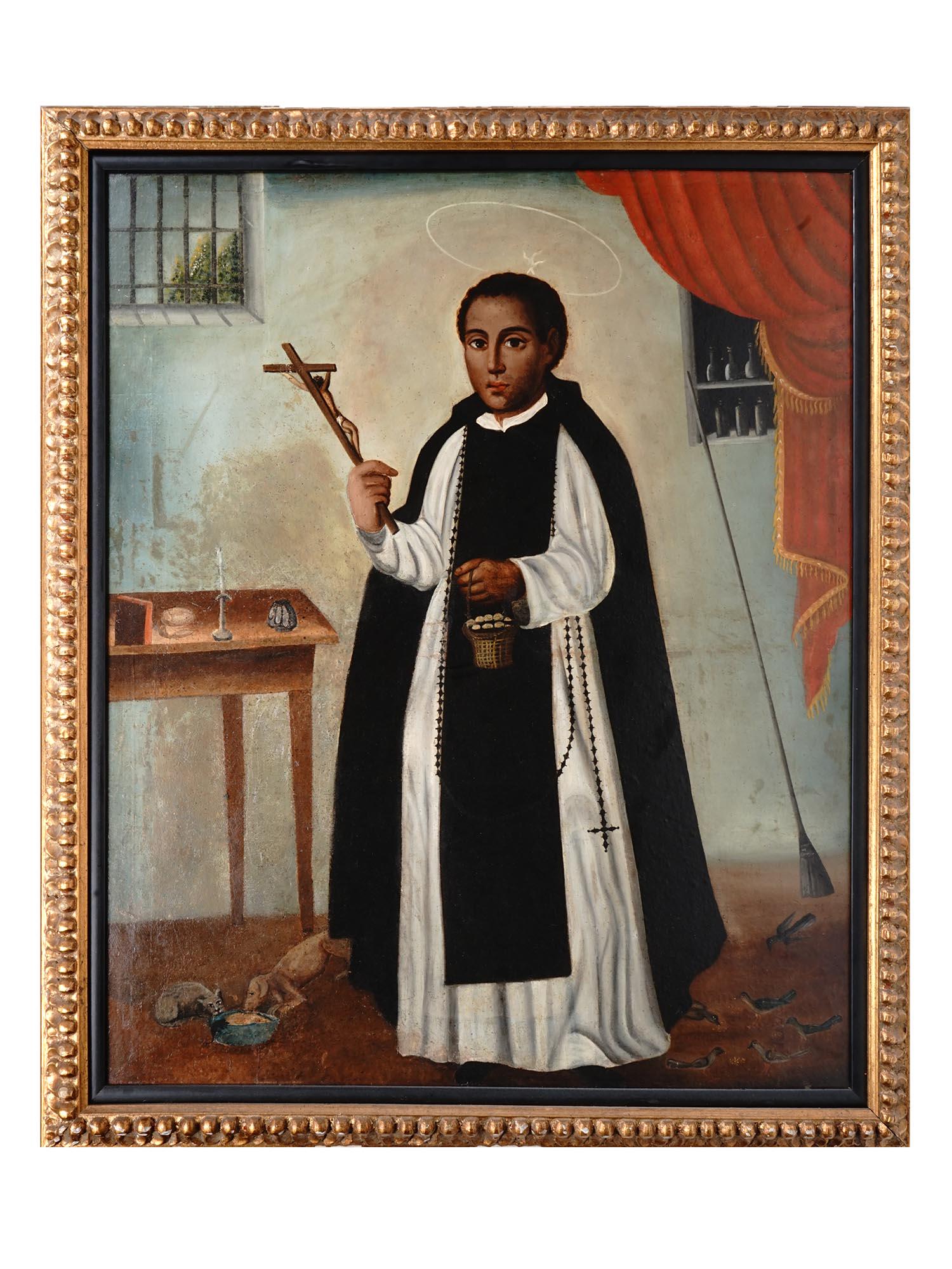 ANTIQUE 19TH C. SPANISH SCHOOL FOLK ART PAINTING: An antique oil on board painting depicting Saint Martin de Porres painted by unidentified Peruvian artist circa 1880. Unsigned. Fine example of Spanish school Ecclesiastical paintings. Please refer to