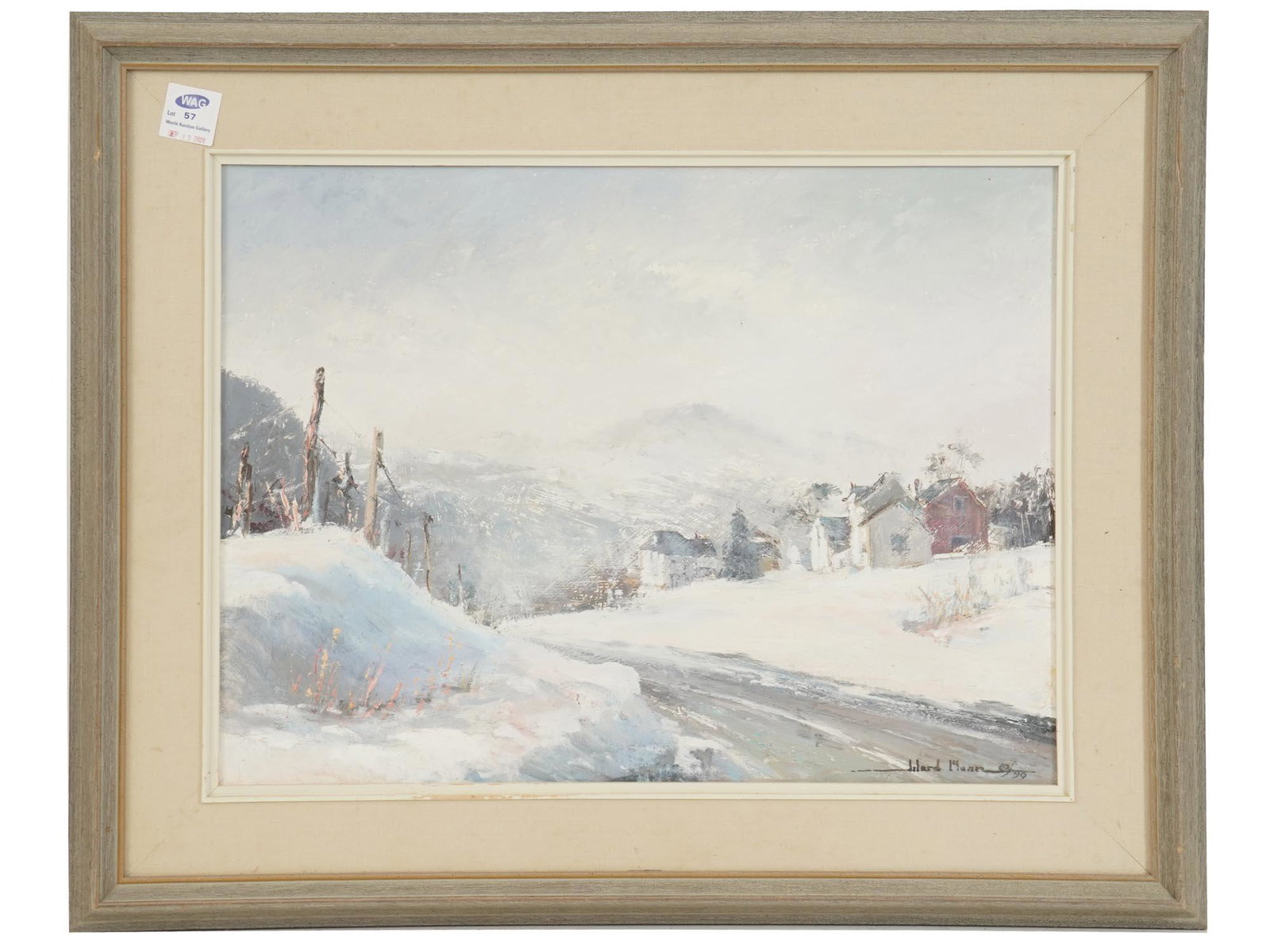 WARD MANN AMERICAN OIL ON BOARD PAINTING, 1999: Ward Mann, American, 1921 to 2005, oil on board painting depicting an Impressionist style winter scene with a town in snow. Signed by the artist and dated lower right. Housed in a wooden frame. Bears 
