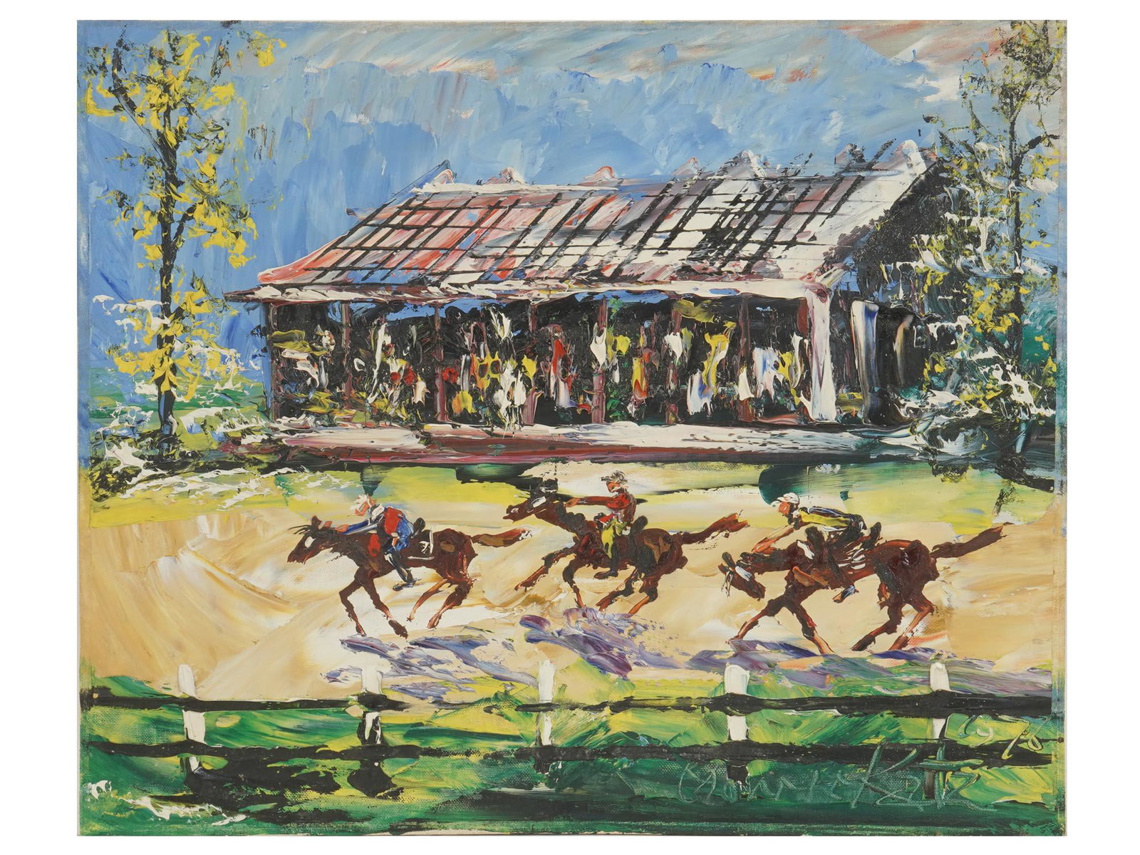 MIDCENTURY HORSE RACE PAINTING SIGNED MORRIS KATZ: Oil on board painting depicting a horse race. The artwork was executed in impasto technique with the use of palette knife. Signed Morris Katz and dated 1976 in the lower right. Morris Katz, 1932-2010,