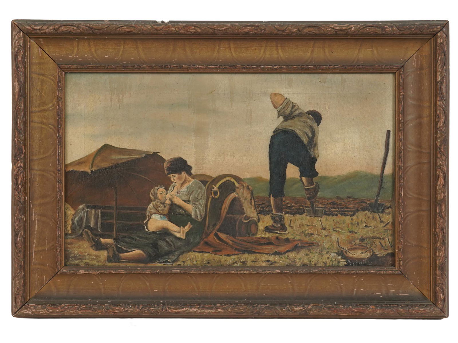 ANTIQUE OIL PAINTING FARMERS FAMILY SIGNED GALLO (1 of 7)