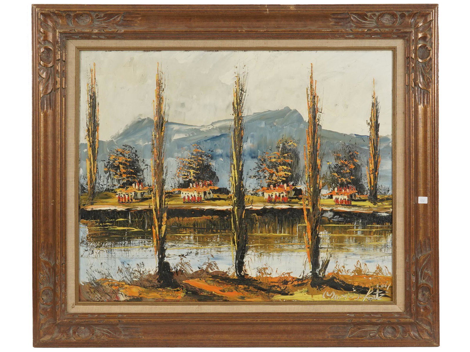 MOUNTAIN LANDSCAPE PAINTING SIGNED BY MORRIS KATZ: Oil on board painting representing a lake surrounded by houses and cypresses with mountains in the background, probably an Italian countryside. The artwork was executed in impasto technique with the u