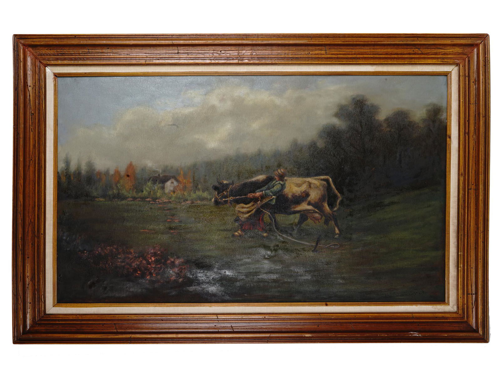 ANTIQUE 19 C PAINTING OF A WOMAN PULLING A COW (1 of 12)