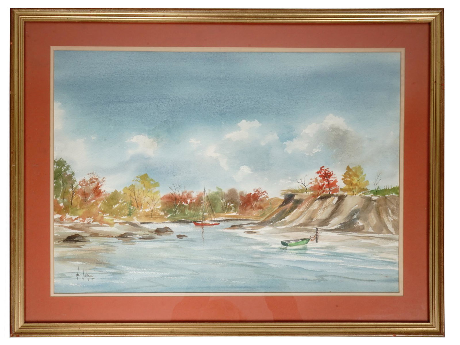 USA WATERCOLOR PAINTING LANDSCAPE BY DON HOLMES: Don Holmes, an American 20th century artist, watercolor painting on paper depicting a river landscape, 1967. Signed and dated lower left. Framed. Don Holmes is known for landscape artworks. One of a k