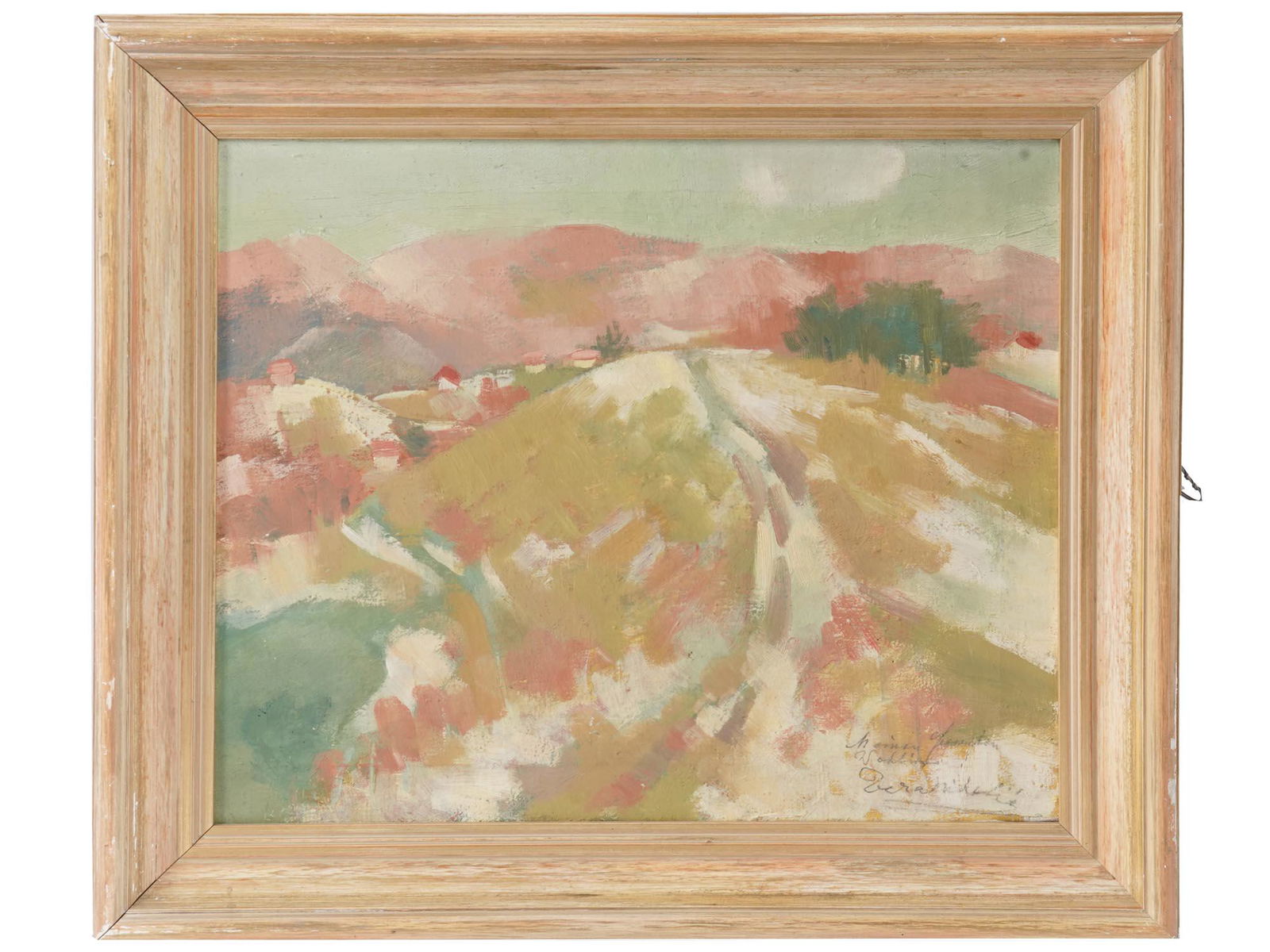 MID CENTURY VINEYARD LANDSCAPE PAINTING SINGED: European mid century oil damar varnish on canvas landscape painting depicting vineyards in mountains titled Weingarten bei Zagreb on verso. Signed by the artist lower right. Framed. Vintage Landscape