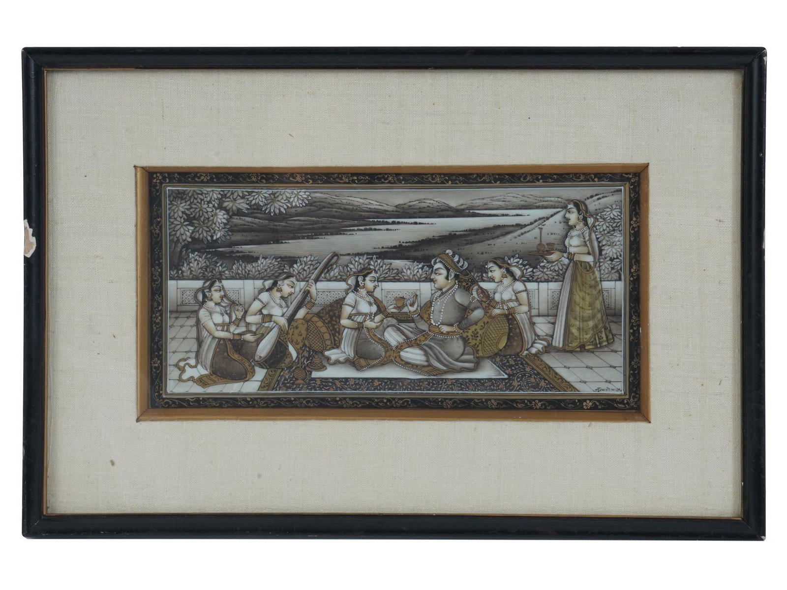 GILT MUGHAL PAINTING ON PLAQUE HAREM SCENE SIGNED: Acrylic painting on plaque, a fine example of Mughal painting, a particular style of Indian art that developed in the court of the Mughal Empire of the 16th to 18th centuries and was centered around s