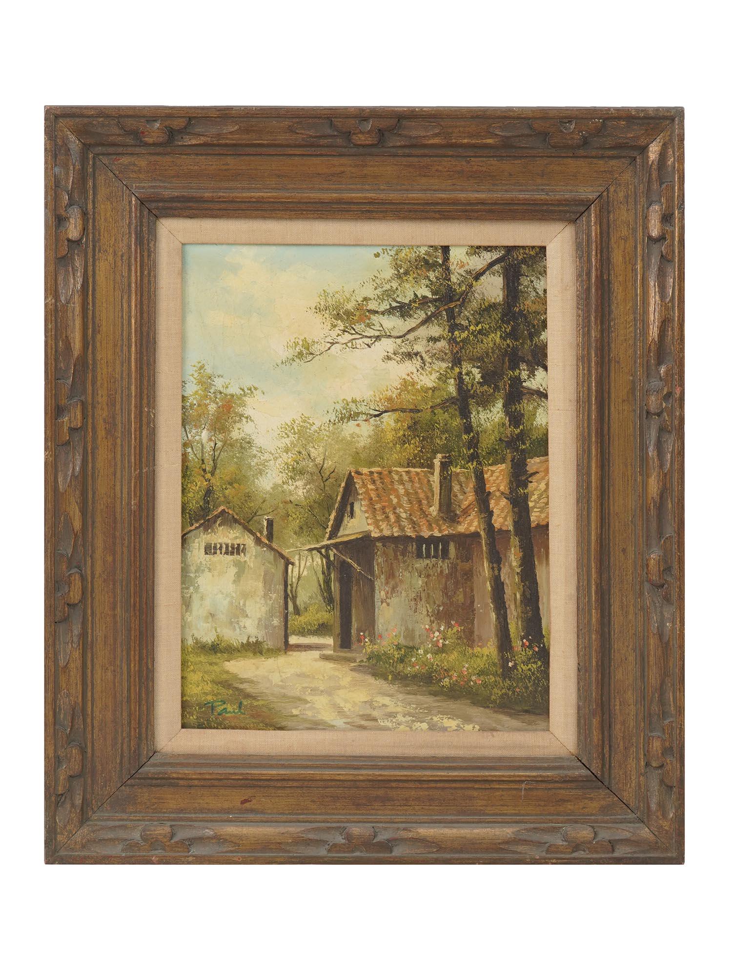 LANDSCAPE OIL PAINTING VILLAGE HOUSES SIGNED PAUL: Oil on canvas painting depicting old stone village houses surrounded by trees during spring or summer. Signed Paul in the lower left. Hand-carved wooden frame. Countryside Nature Art For Collectors. D