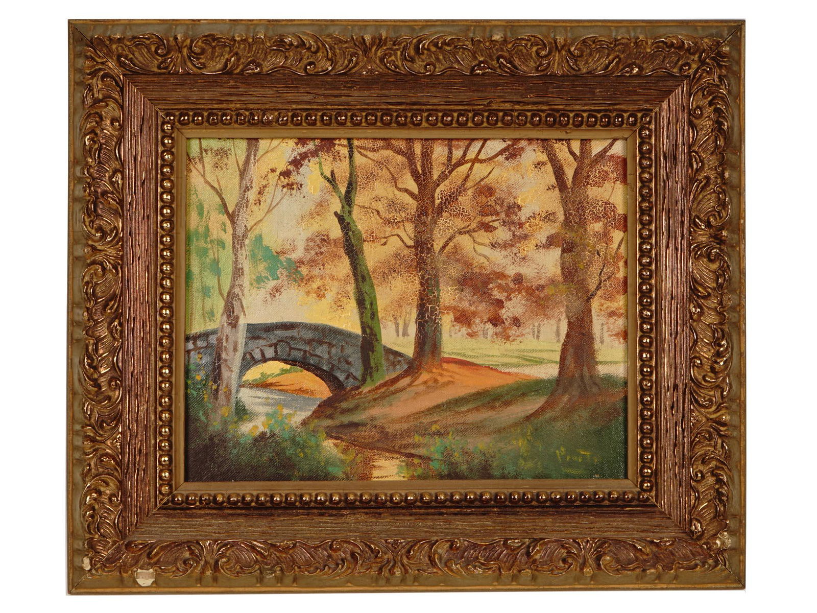 MODERNIST OIL PAINTING ATTR. TO BIAGIO PINTO: An oil on canvas board painting depicting a forest landscape and attributed to Biagio Pinto, American, 1911 to 1989. Illegibly signed lower right. Housed in an old richly ornate gilt wood and gesso fr