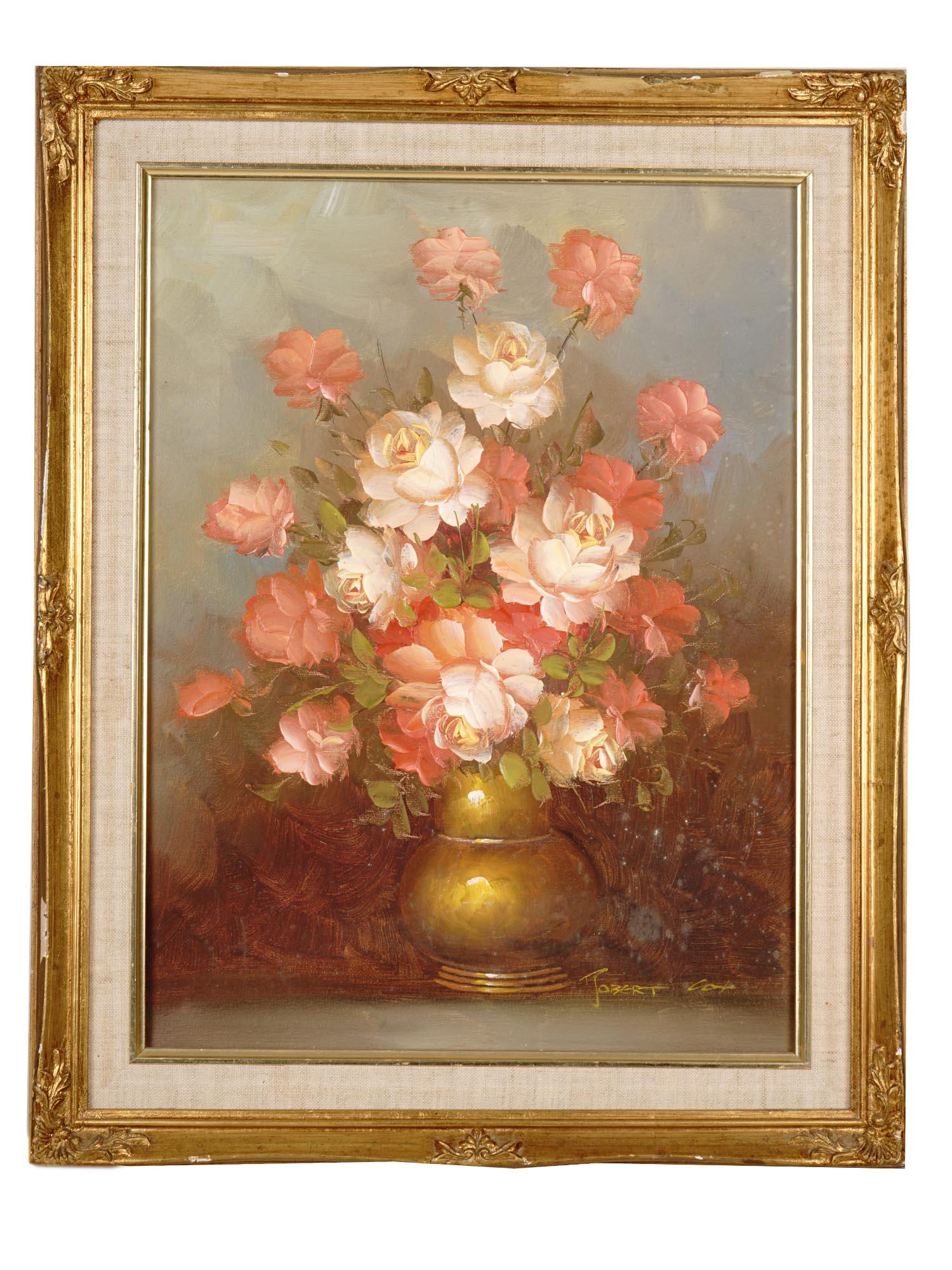 AMERICAN OIL PAINTING STILL LIFE BY ROBERT COX: Robert Cox, American, 1934 to 2001, oil painting on canvas depicting a still life with flowers. Signed lower right. Framed. Robert Cox is known for Still life flower painting, graphic design. Cox stud