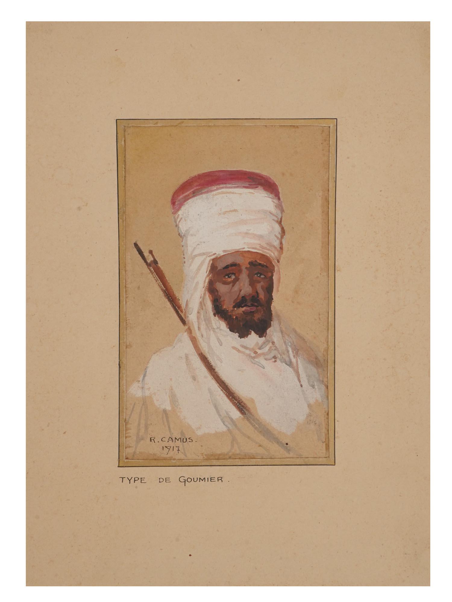FRENCH GOUMIER WATERCOLOR PORTRAIT BY R. CAMUS: An antique French watercolor portrait painting titled Type de Goumier, 1917. Signed R. Camus lower left. Matted. The Moroccan Goumiers were indigenous Moroccan soldiers who served in auxiliary units a