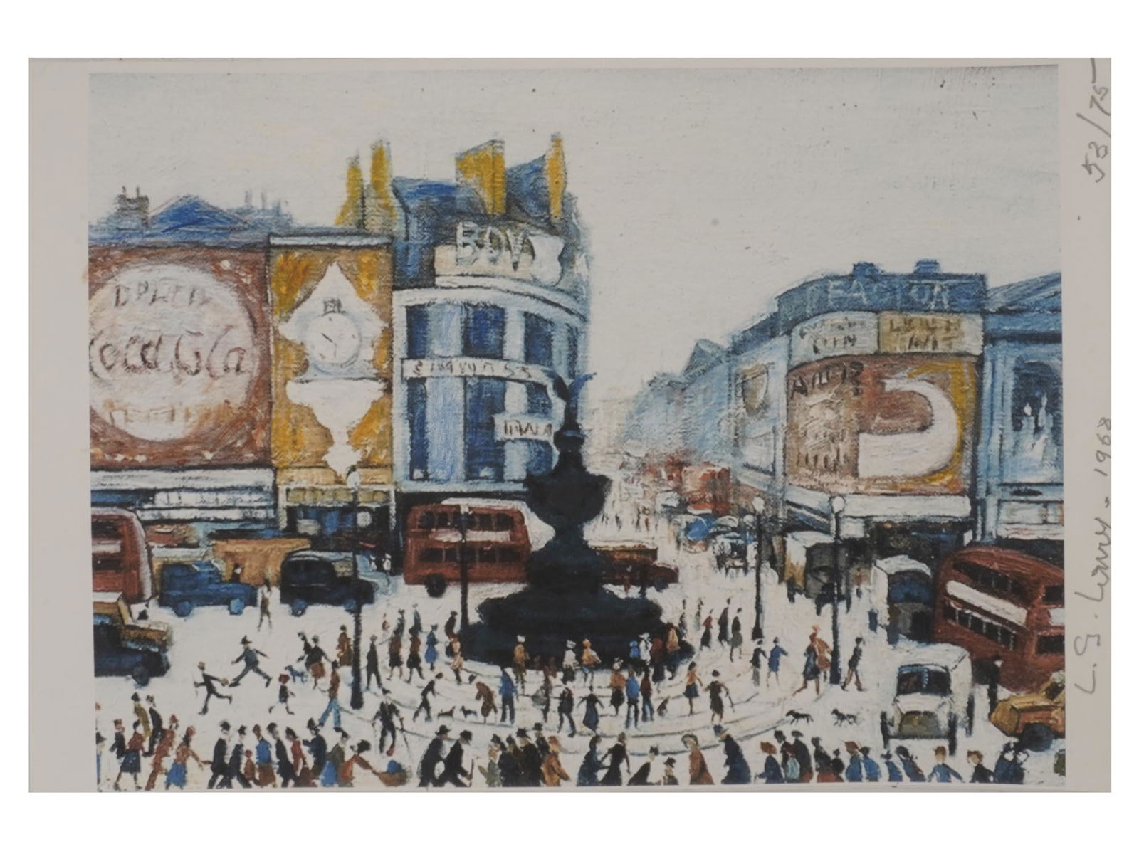 PICCADILLY CIRCUS LITHO BY LAURENCE STEPHEN LOWRY: Laurence Stephen Lowry, 1887 to 1976, offset color lithograph on wove after his painting Piccadilly Circus, 1968. Signed, dated and numbered 53 of 75 in pencil to the right side. Laurence Stephen Lowr