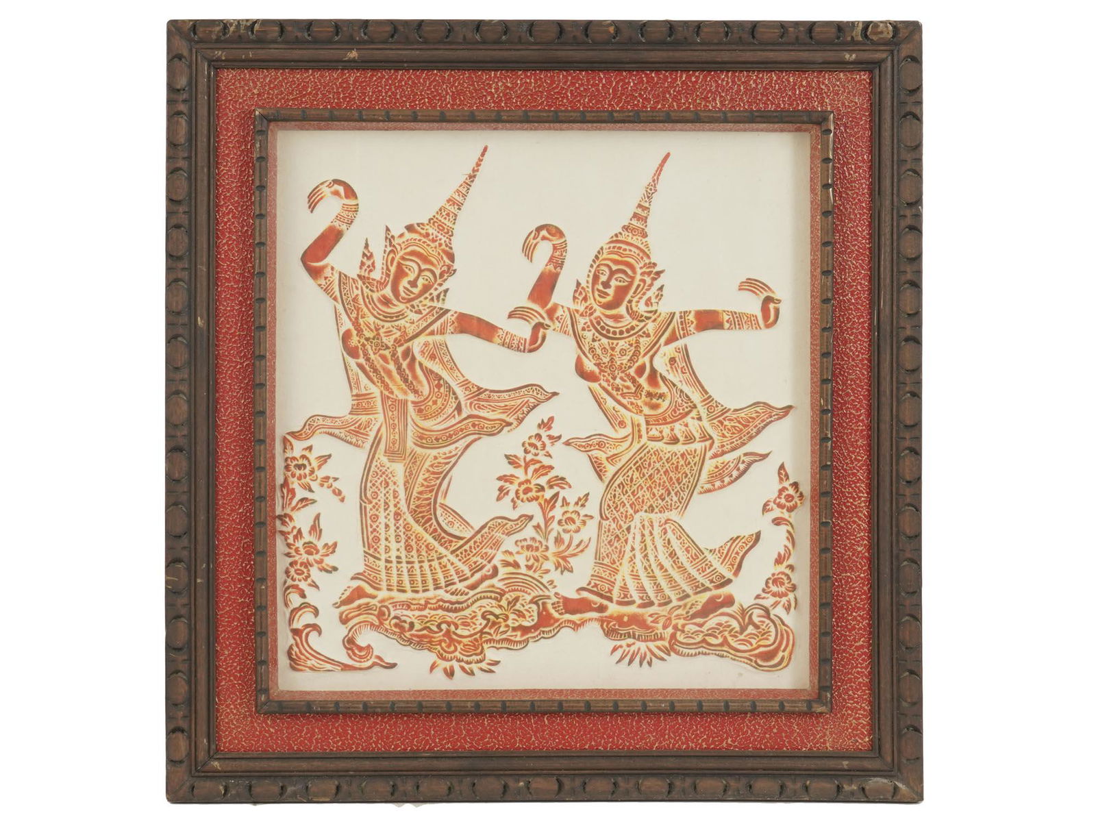 MID CENTURY THAI TEMPLE RUBBING OF TWO DANCERS: Red charcoal temple rubbing from Wat Po, also known as The Temple of the Reclining Buddha in Bangkok. The artwork depicts two Thai female dancers. Signed Homill on the backside. Wooden frame. Oriental