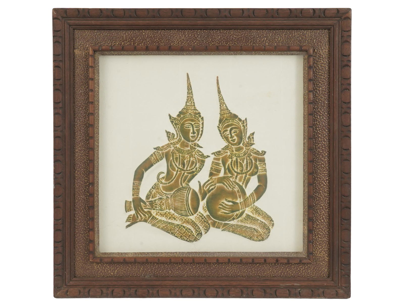 MID CENTURY THAI TEMPLE RUBBING OF TWO MUSICIANS: Red charcoal temple rubbing from Thailand. The artwork depicts two Thai female musicians playing traditional drum instruments. Signed Homill on the backside. Wooden frame. Oriental Buddhist Wall Art,