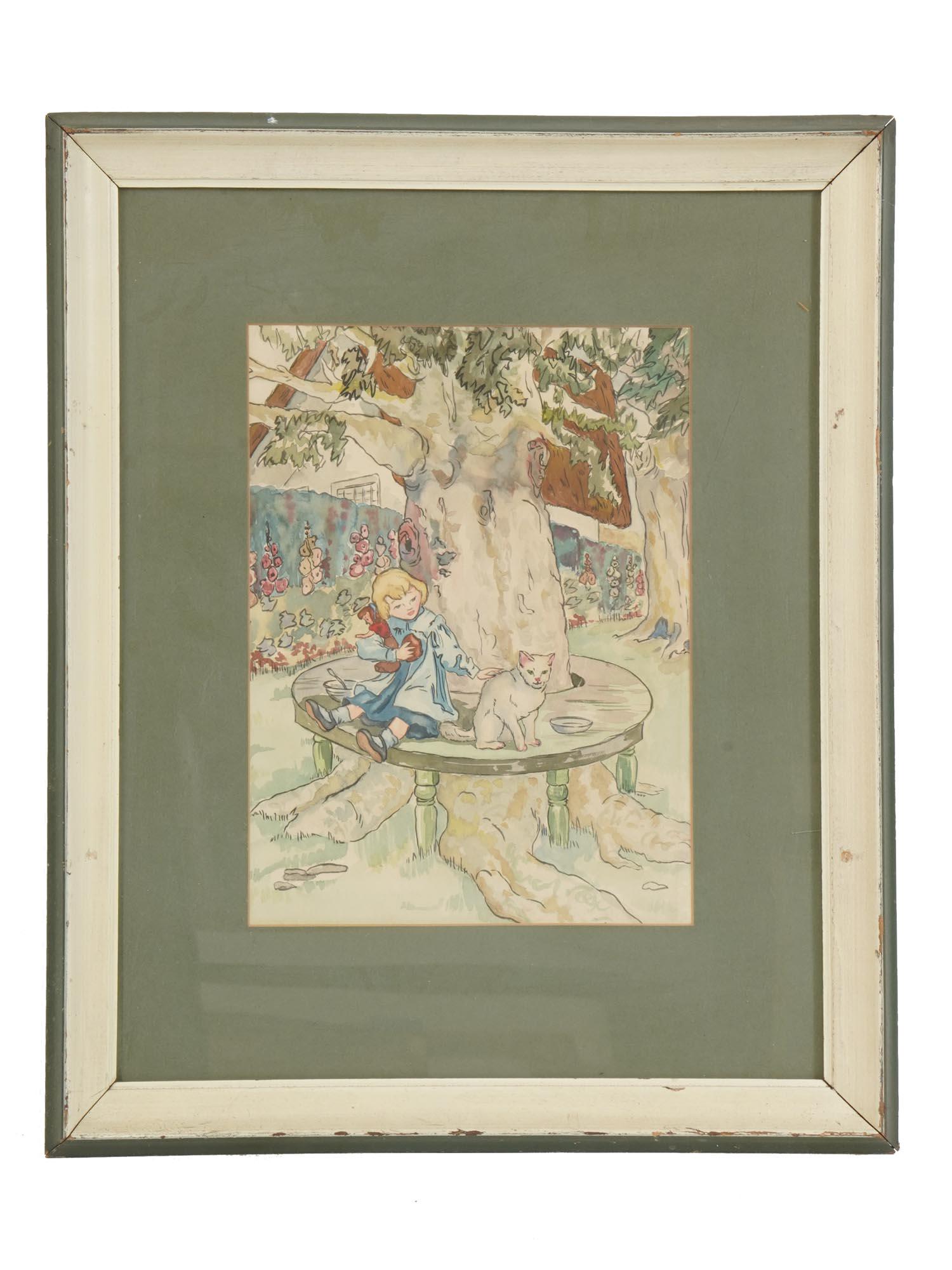 AFTER FREDERICK RICHARDSON FAIRYTALE WATERCOLOR: Watercolor and pencil on paper painting depicting a girl sitting under a tree with a cat. A copy of an illustration for the I Love Little Pussy, Her Coat Is So Warm nursery rhyme by Frederick Richards