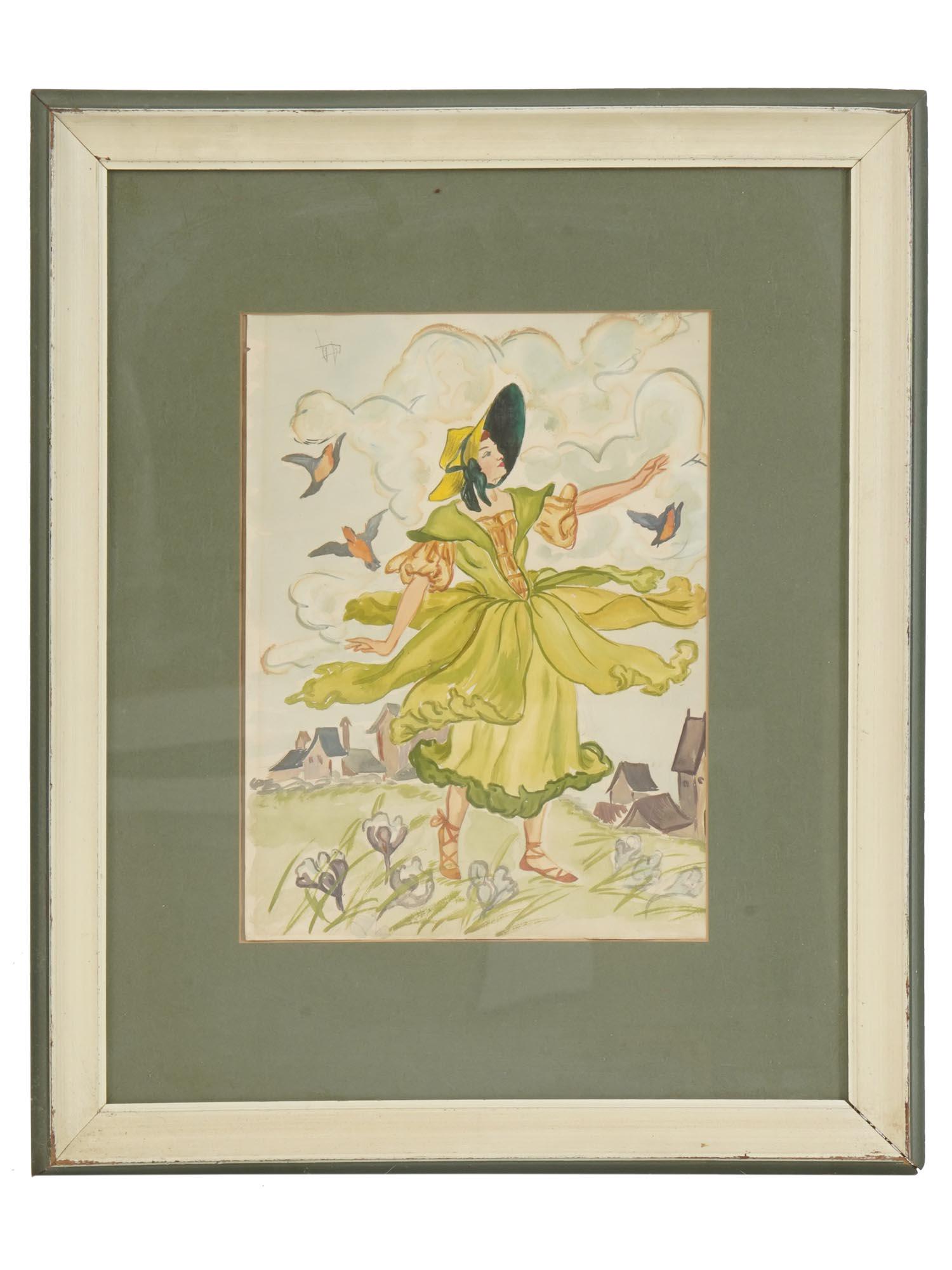 AFTER FREDERICK RICHARDSON FAIRYTALE WATERCOLOR: Watercolor and pencil on paper painting depicting a woman in green with birds. A copy of an illustration for the Daffy-down-dilly nursery rhyme by Frederick Richardson from Eulalie Osgood Groverâ€�