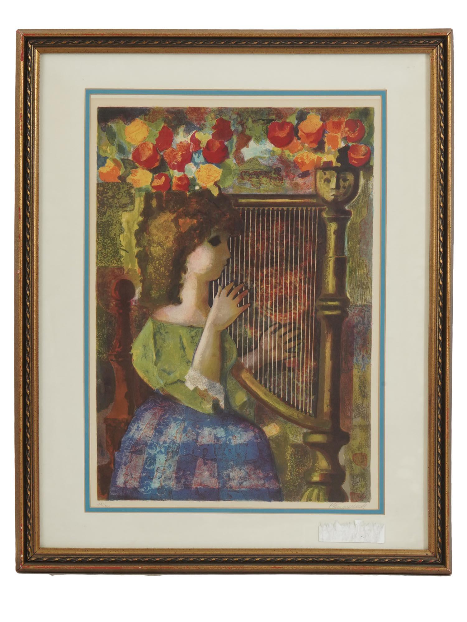 COLOR LITHO OF HARPIST PLAYING BY JORDI DOMENECH: Jordi Domenech, color lithograph print depicting a harpist playing. Numbered lower left and signed lower right. Matted and framed. Jordi Pla Domenech, 1917 to 1992, was a Spanish Cubist painter. Mid C