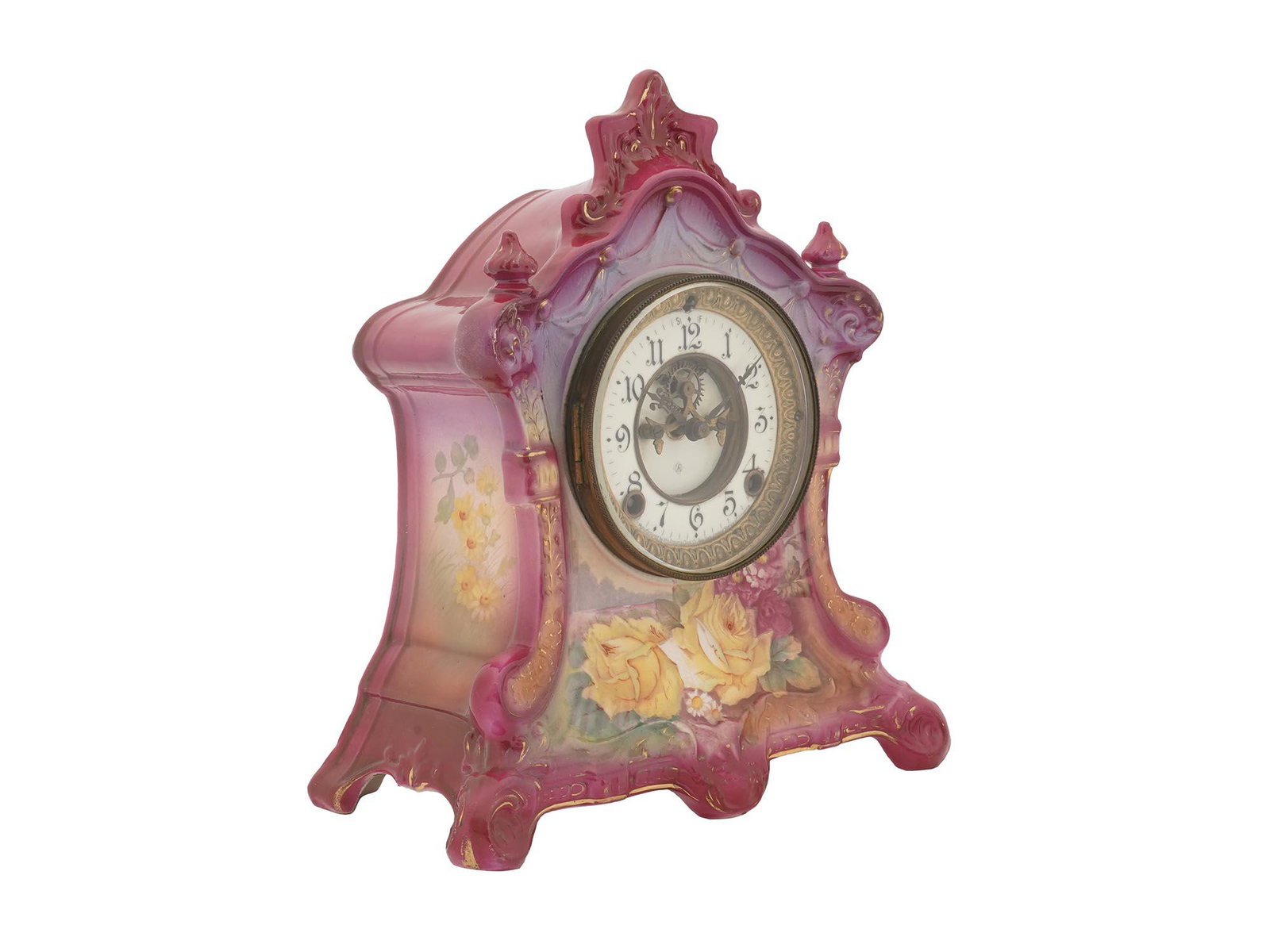 ANTIQUE GERMAN ROYAL BONN PORCELAIN MANTEL CLOCK: An antique German Royal Bonn porcelain desk clock. A white enamel dial with black Arabic numerals and brass hands and brass trim. A glazed porcelain body is decorated with painted floral and gilt deco