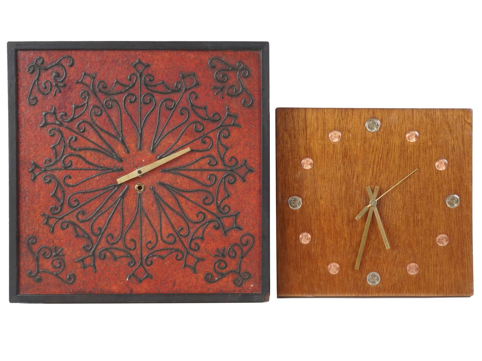 VINTAGE NUMISMATIC MARION KAY AND ORIENTAL CLOCKS: A vintage Marion Kay wooden square case silver coin numismatic wall clock. A vintage red square clock with the Oriental decoration. Circa the 1960s. Vintage Wall Clocks, Wall Decorations, Collectible
